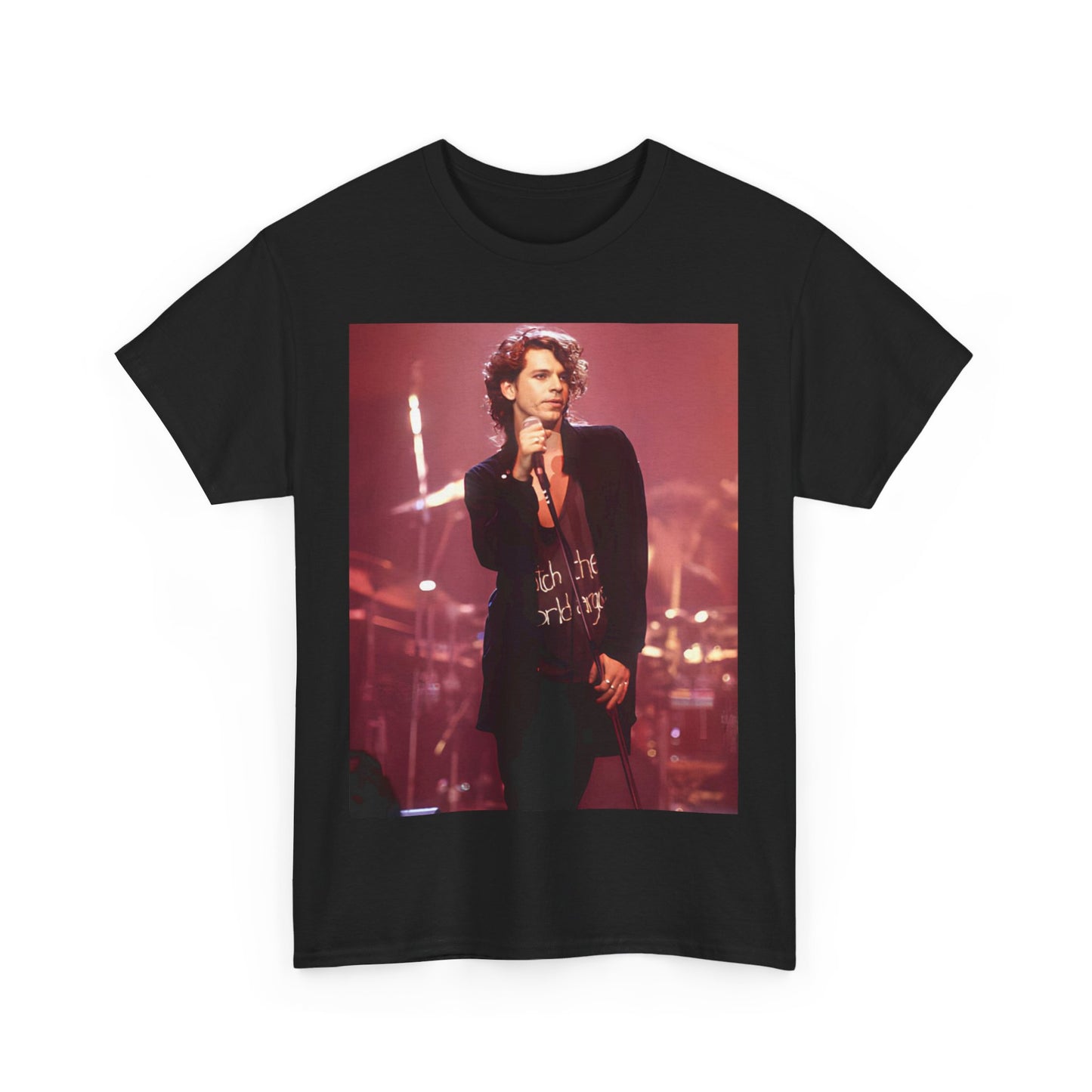A black graphic t-shirt featuring a graphic related to INXS's 'Never Tear Us Apart' song or era from the 90s.