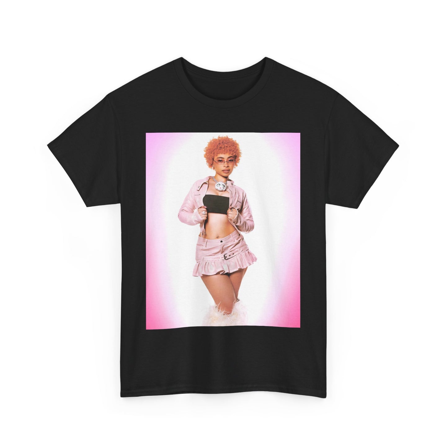 A black graphic t-shirt featuring a graphic of Ice Spice with prominent neon pink aesthetic elements.