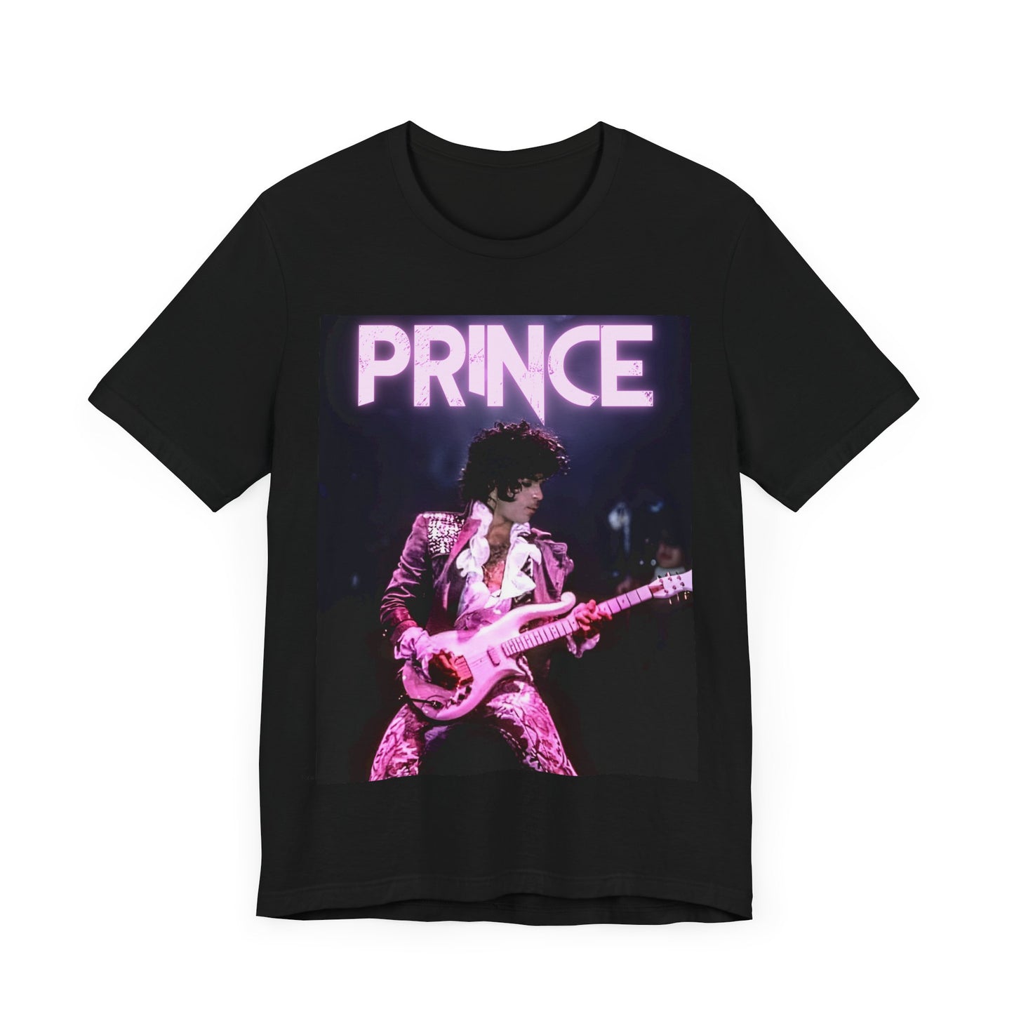 A black graphic t-shirt featuring an 80s pop genius graphic of Prince.