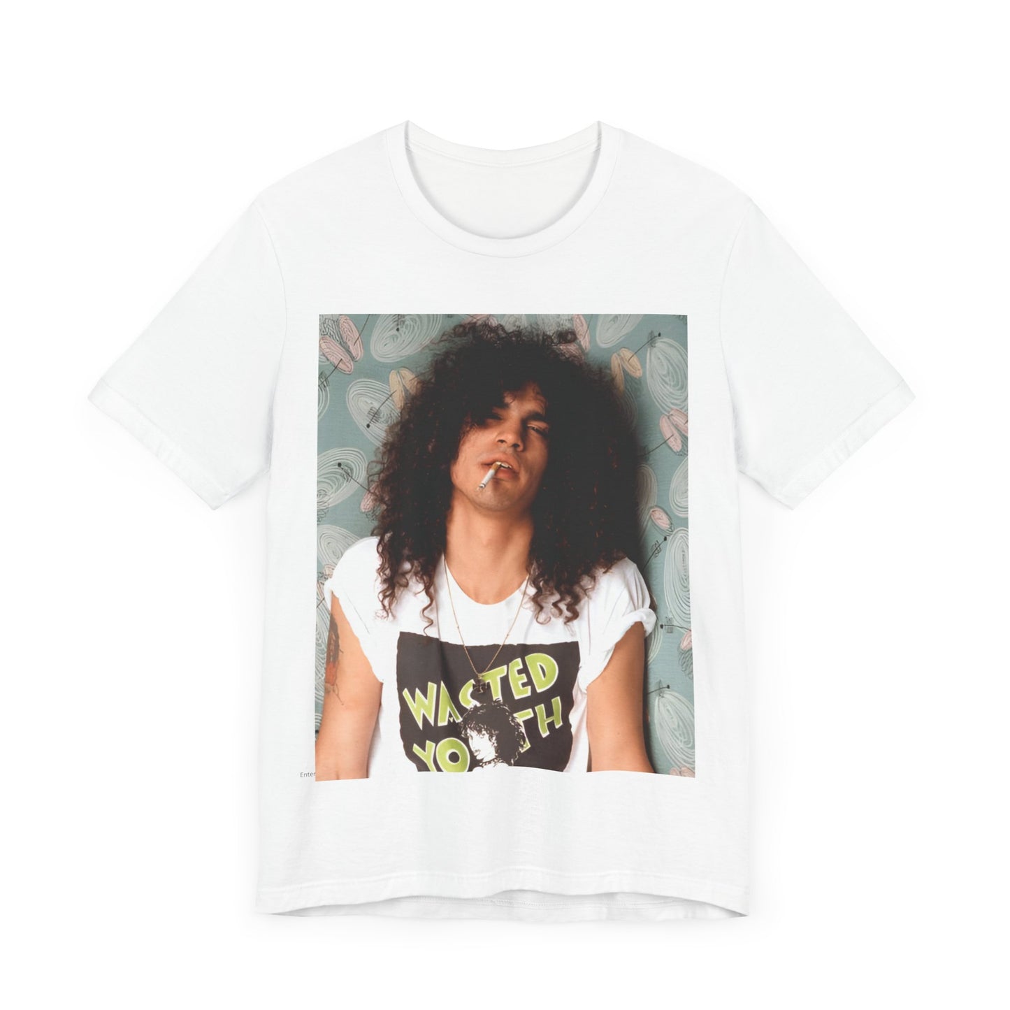 A black graphic t-shirt featuring a 90s photo of Slash from Guns N' Roses.