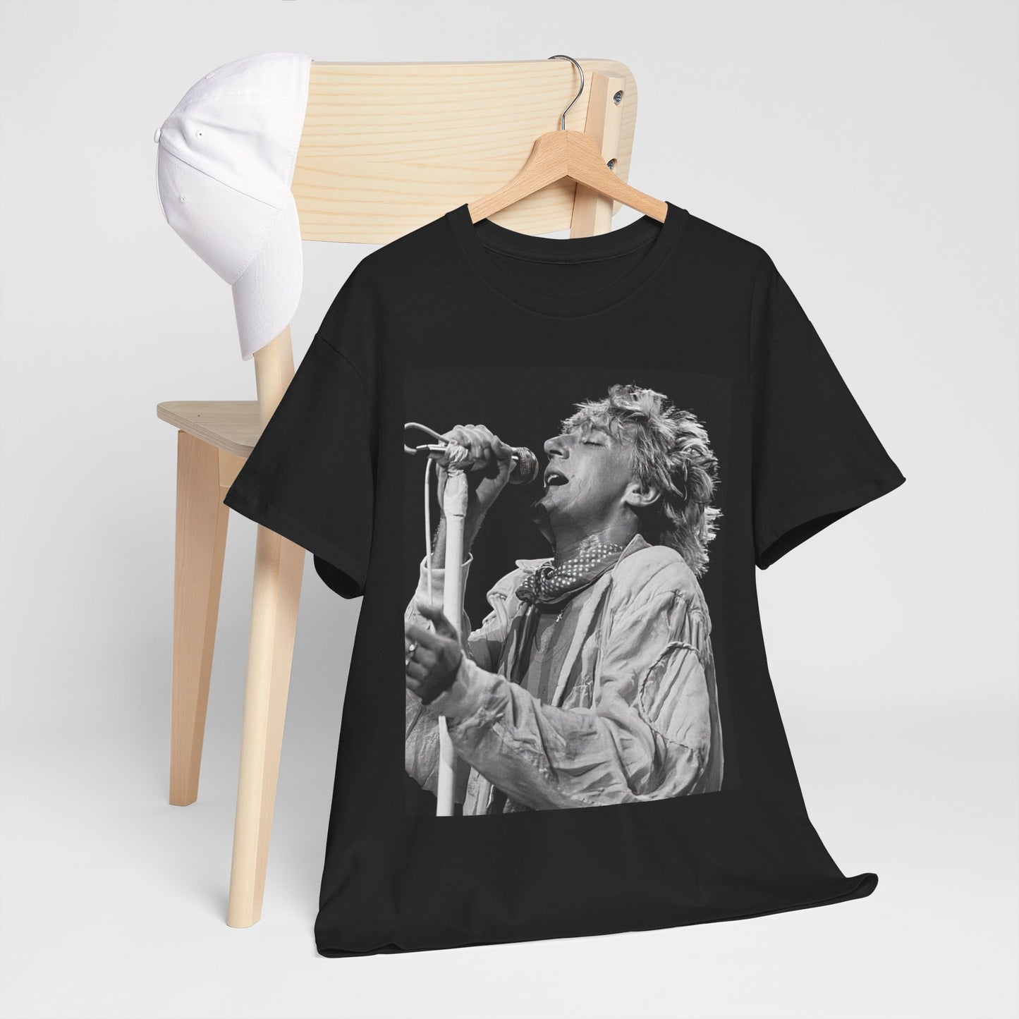 A black graphic t-shirt featuring an 80s black and white monochrome graphic or photo of Rod Stewart.