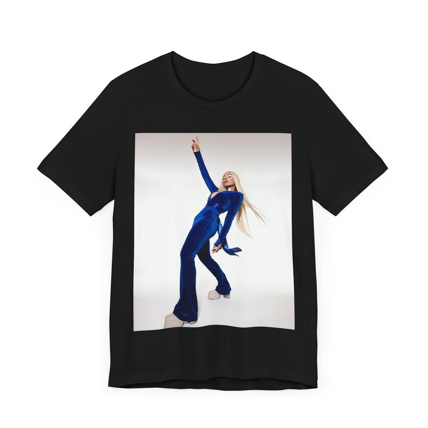 A black graphic t-shirt featuring Ava Max in a blue jumpsuit, in a graphic or photo style.