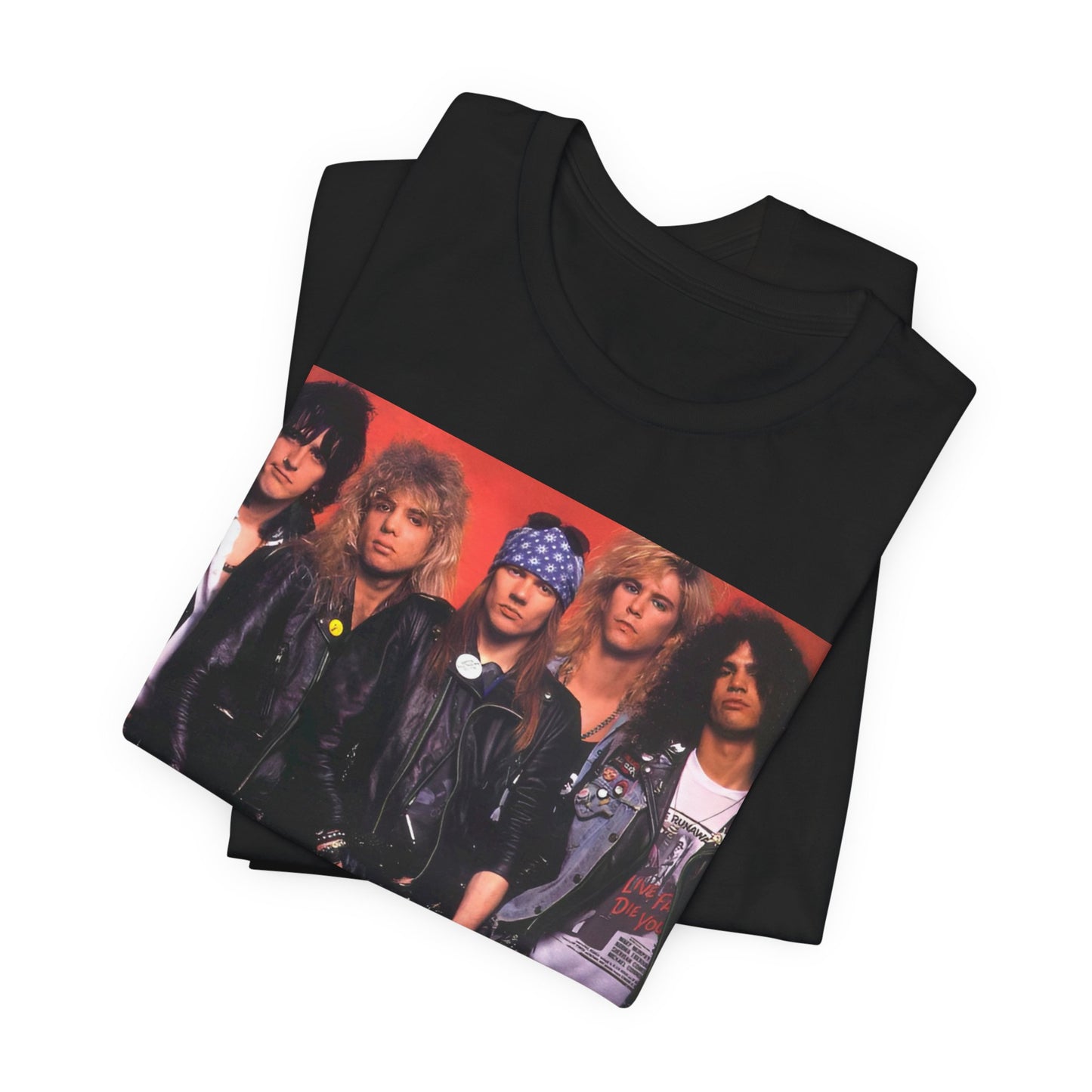 A black graphic t-shirt featuring a vintage graphic related to Guns N' Roses' 'Appetite for Destruction' album era.