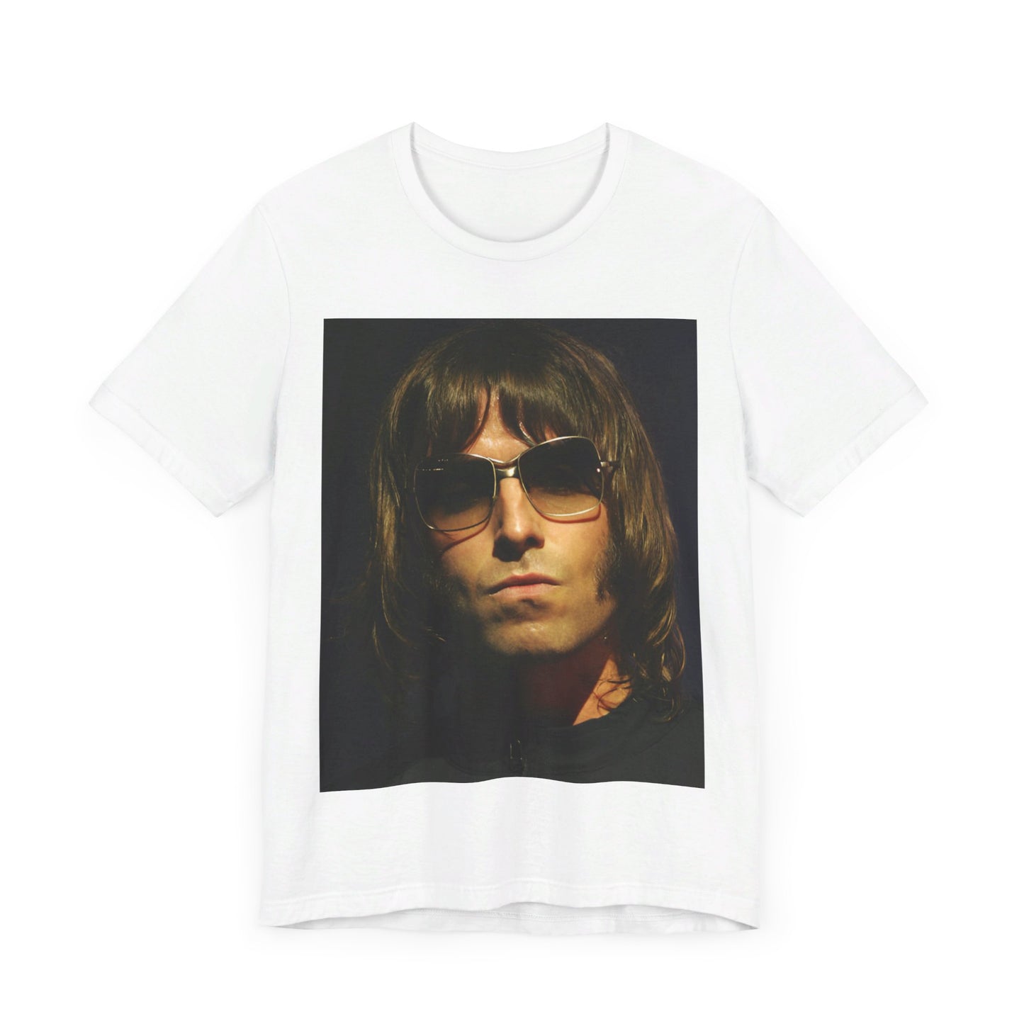 A black graphic t-shirt featuring a photo portrait of Liam Gallagher from Oasis.