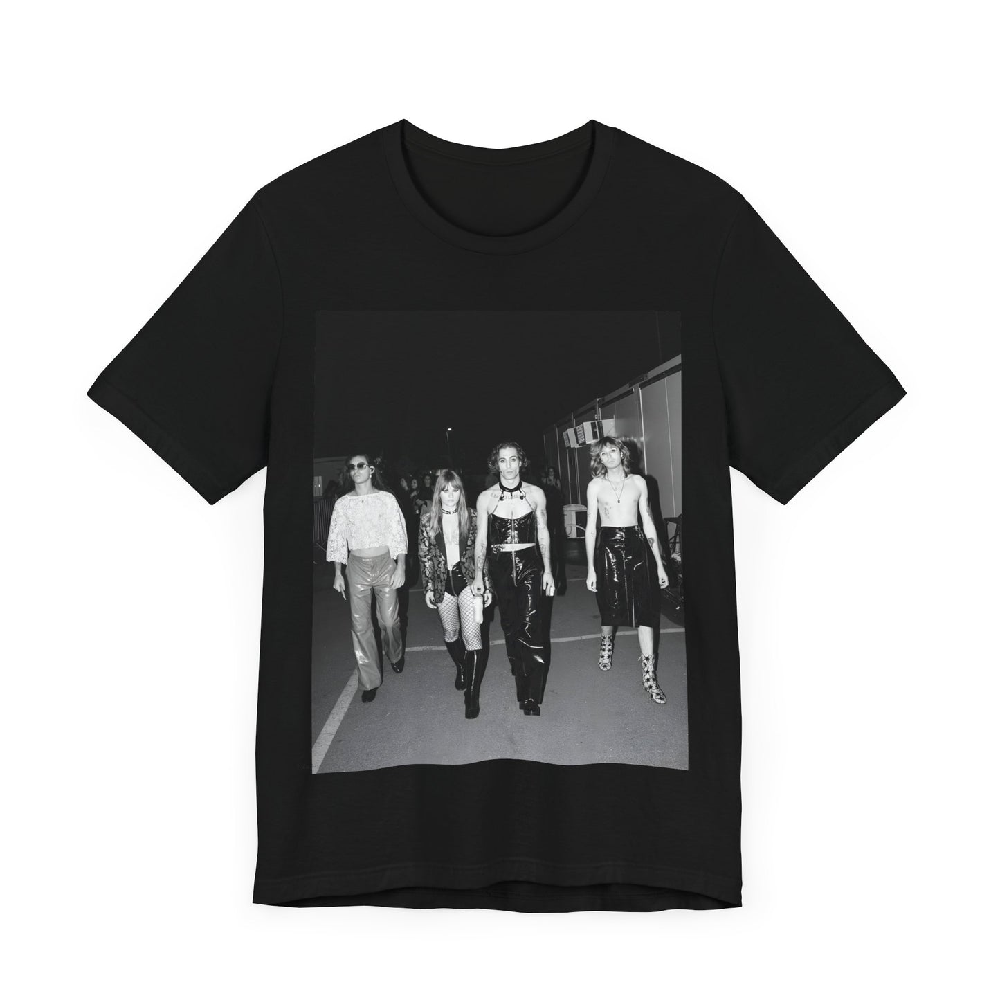 A black graphic t-shirt featuring a black and white, monochrome graphic or photo of Maneskin.