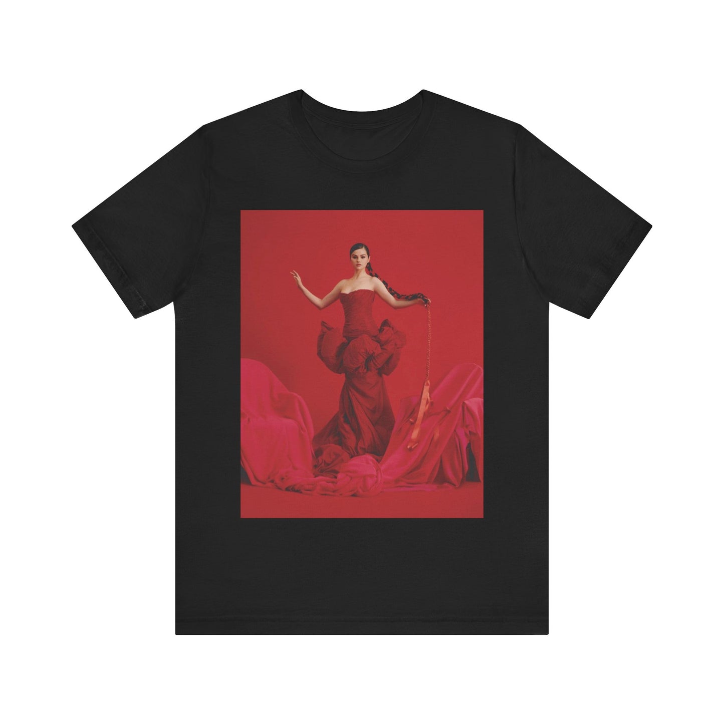 A black graphic t-shirt featuring a glam pop diva graphic of Selena Gomez.
