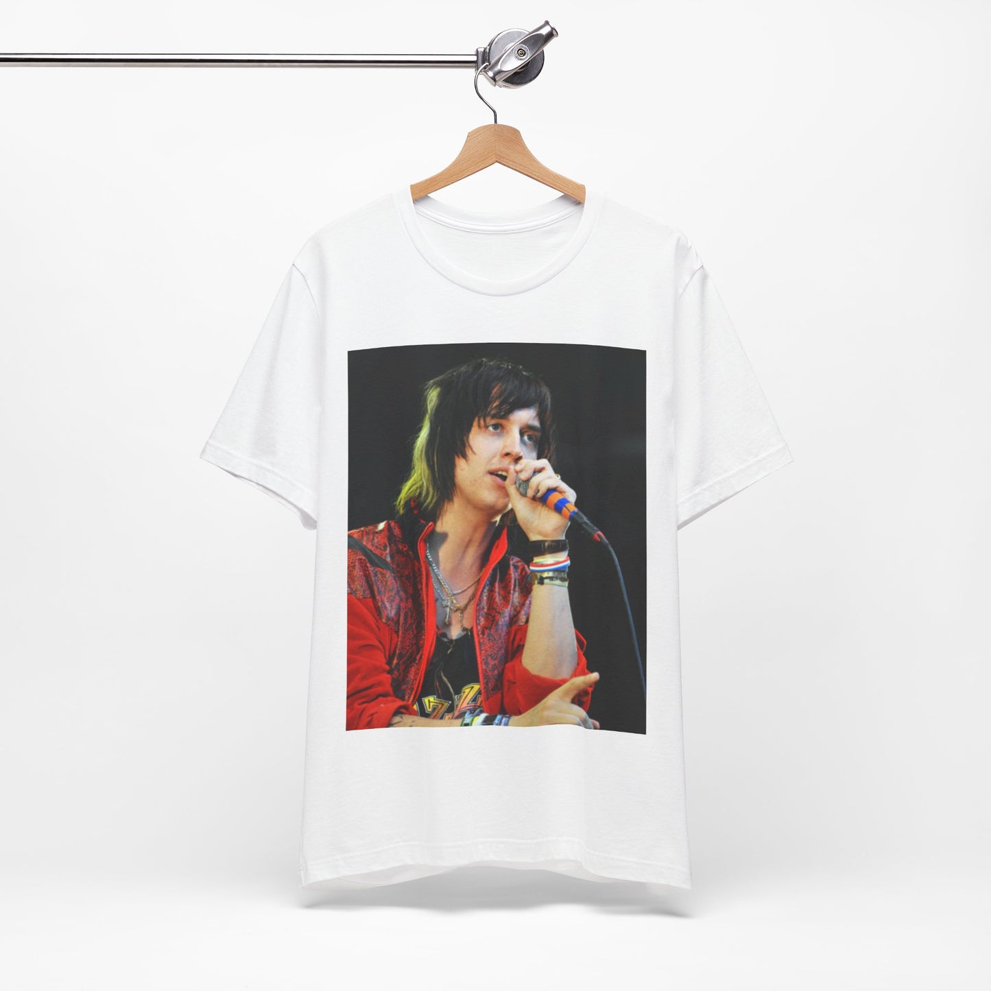 A black graphic t-shirt featuring a vintage indie rock graphic of The Strokes.