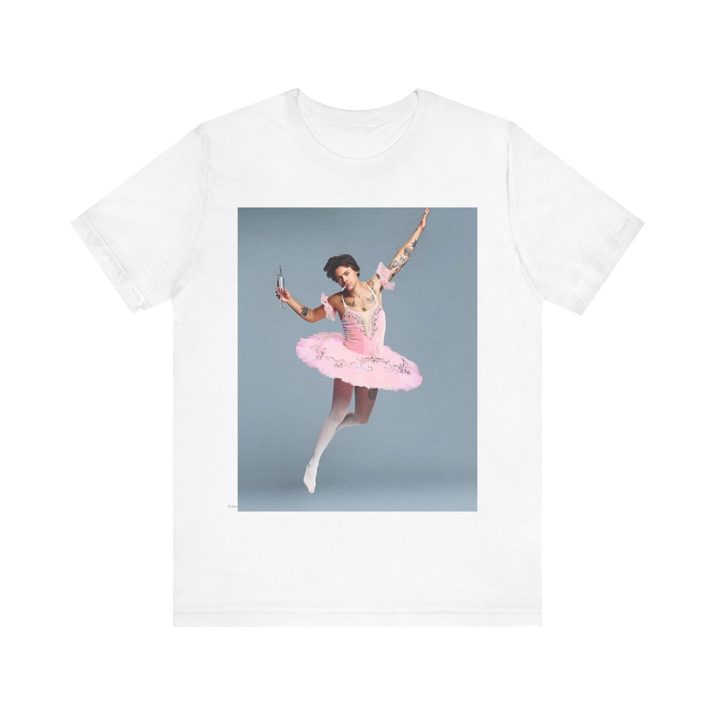 A black graphic t-shirt featuring a photo of Harry Styles in a ballet pose or setting.