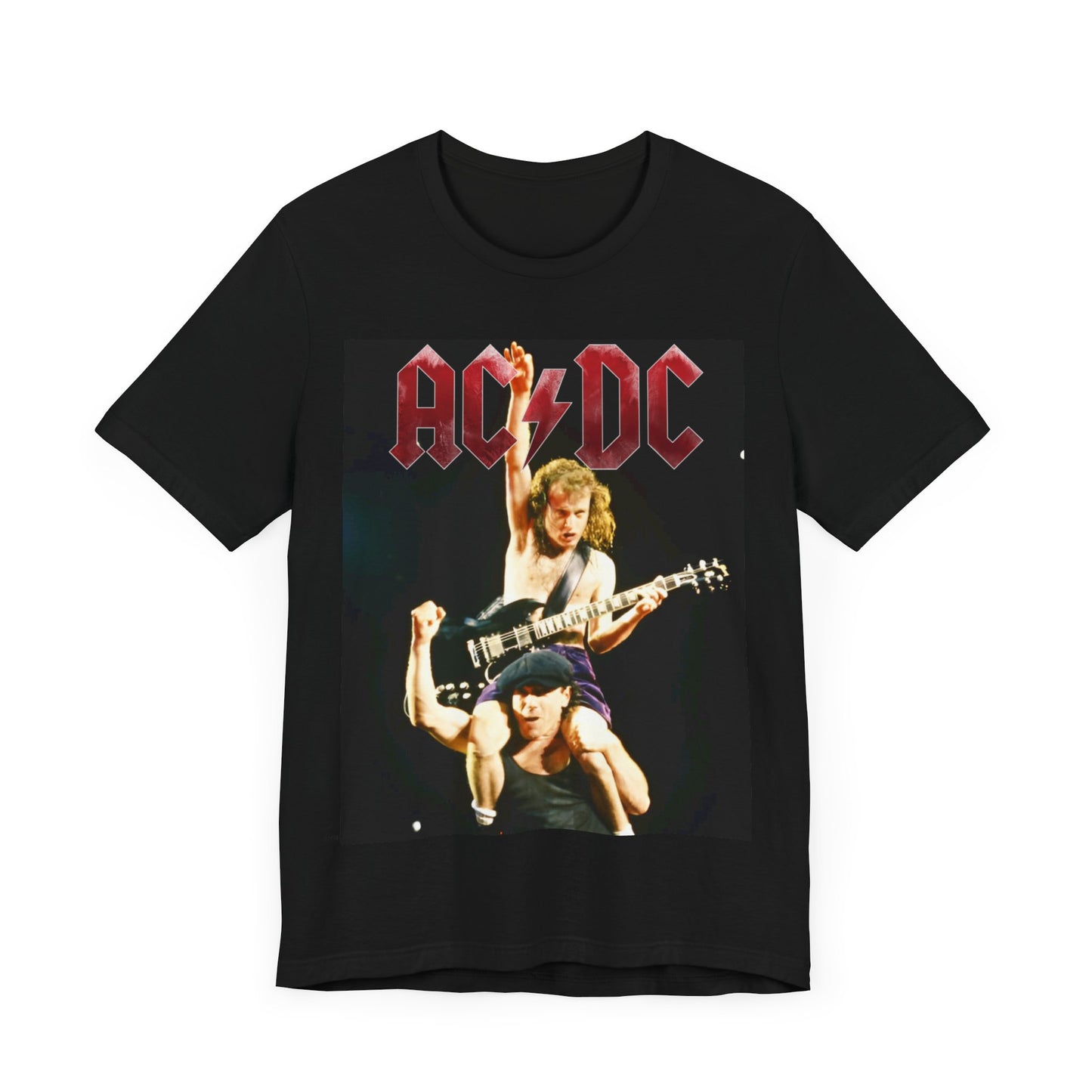 A black graphic t-shirt depicting AC/DC's Angus Young playing guitar while riding on the shoulders of Bon Scott, evocative of their "Highway to Hell" tour performances.