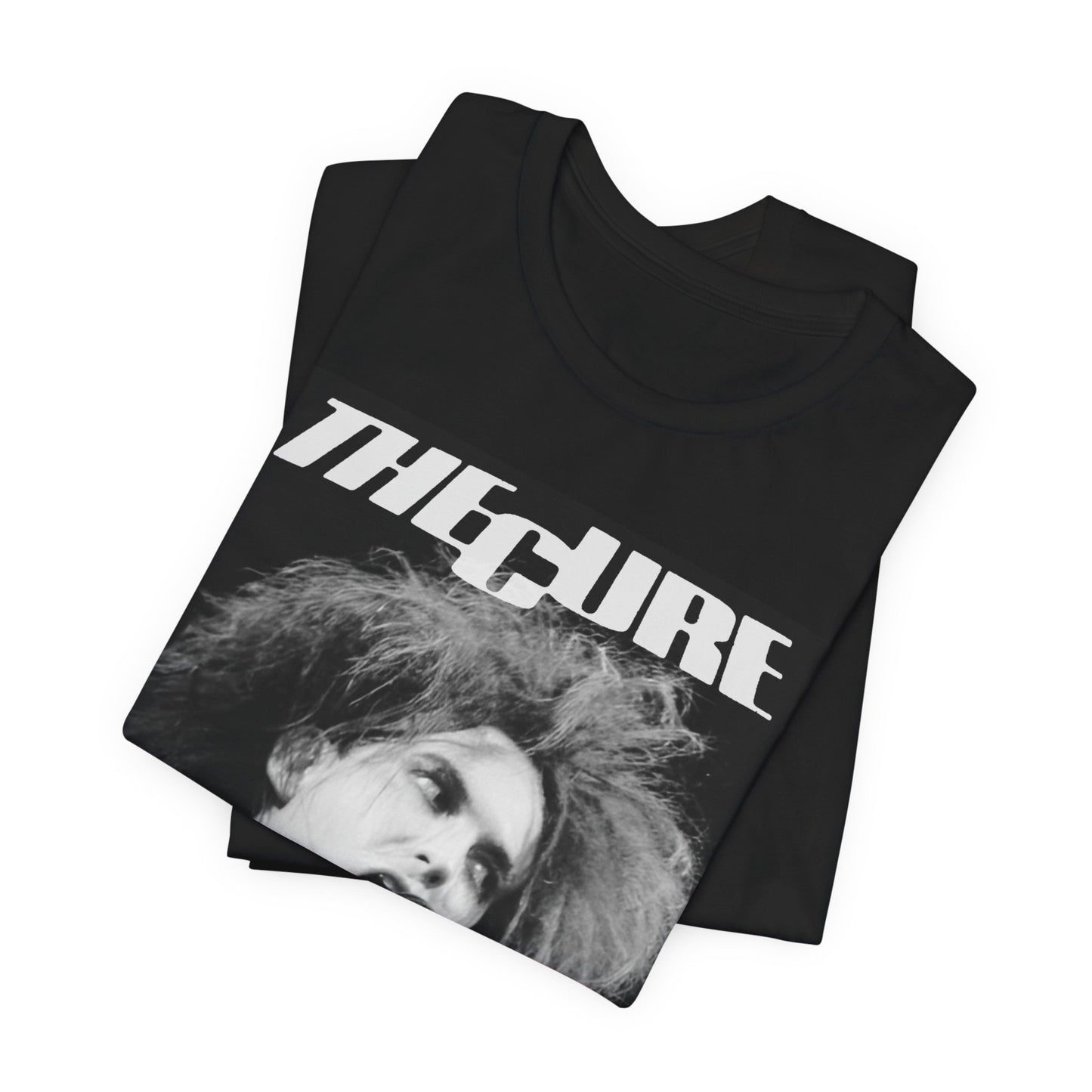 A black graphic t-shirt featuring a graphic of The Cure with a dark romanticism core aesthetic.