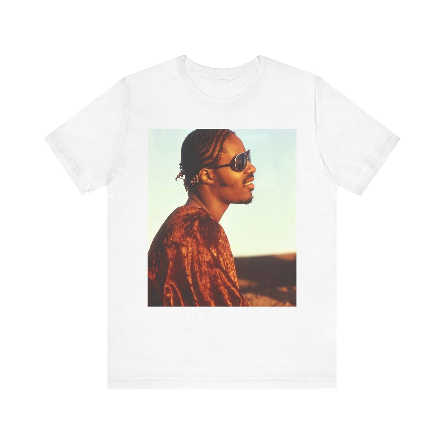 A black graphic t-shirt featuring a graphic of Stevie Wonder as an iconic style pop innovator.