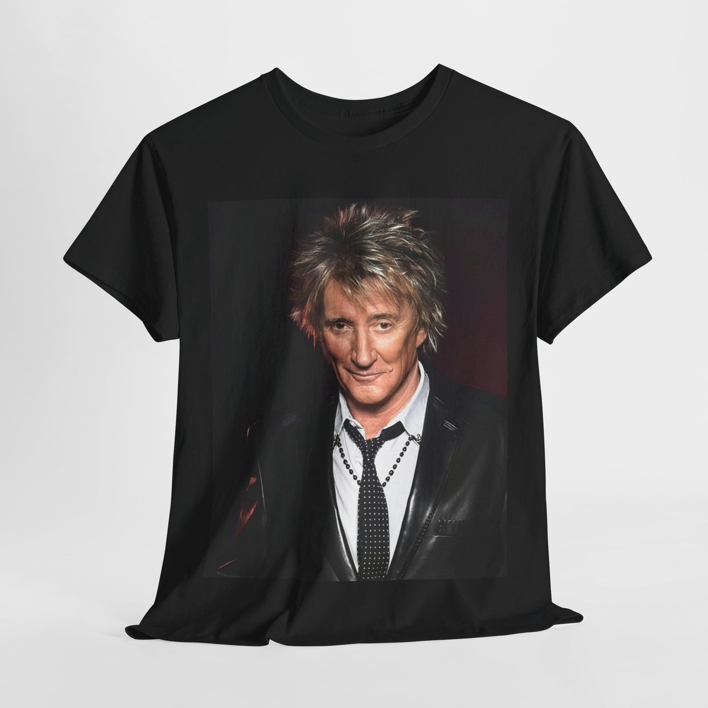 A black graphic t-shirt featuring a 90s portrait photo of Rod Stewart.