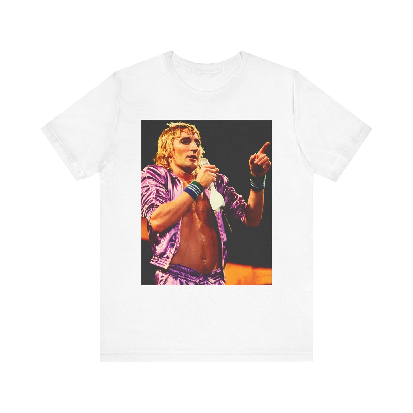 A black graphic t-shirt featuring a graphic of Rod Stewart with a chill 70s rock aesthetic.