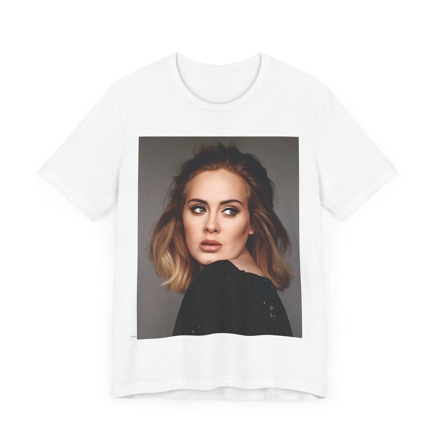 A black graphic t-shirt featuring a studio portrait of Adele from her '25' album era, showing a thoughtful or serene expression.