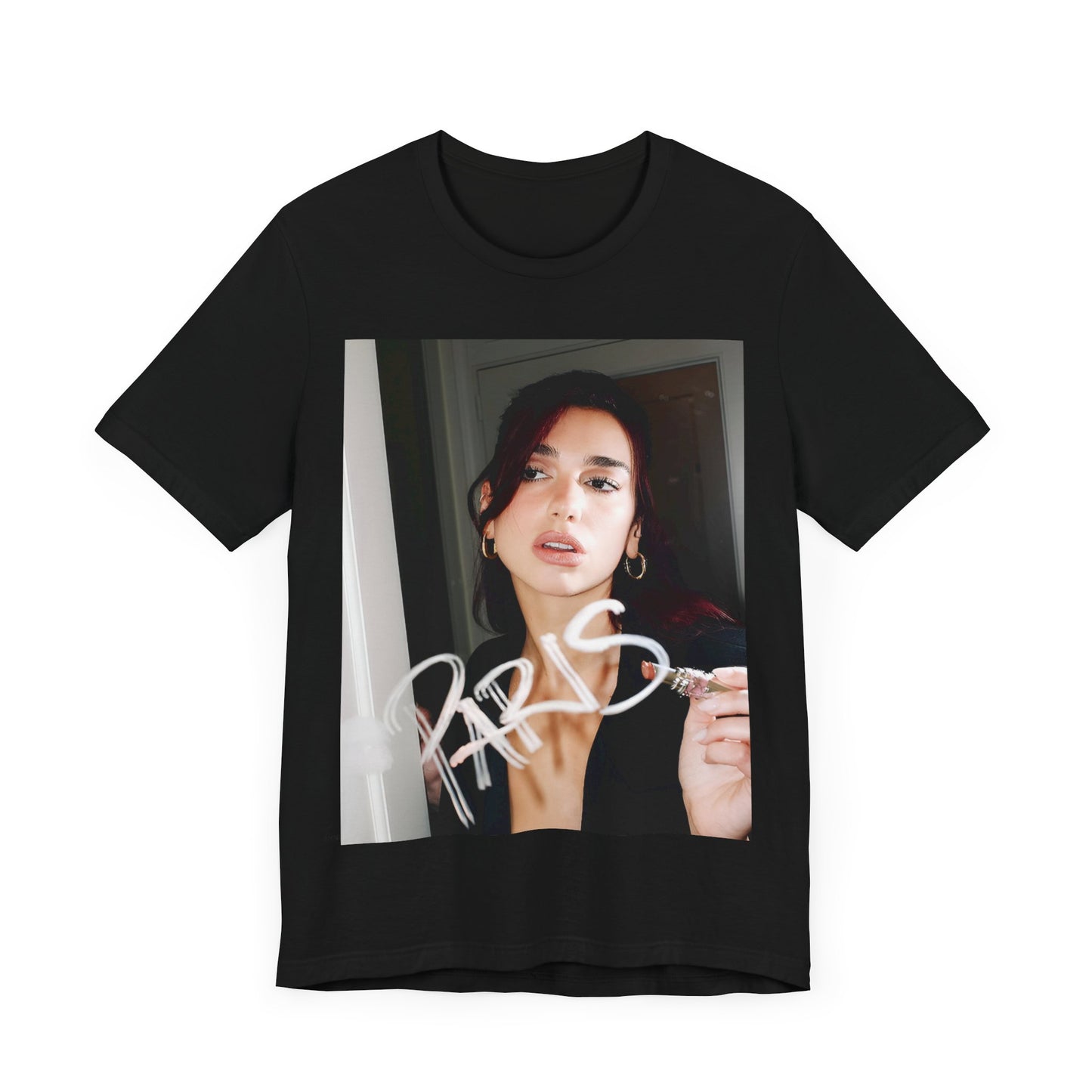 A black graphic t-shirt featuring a graphic of Dua Lipa, possibly with Parisian elements or a 'Paris' theme.