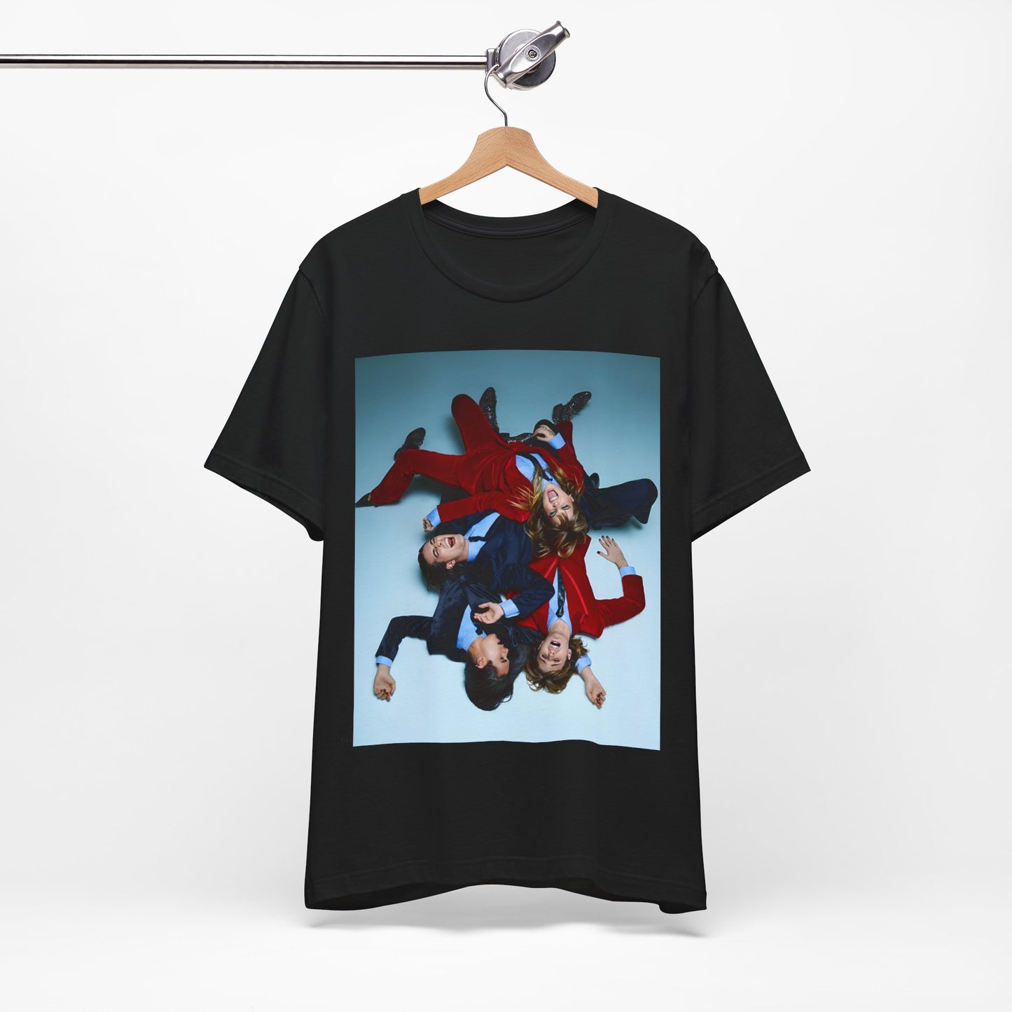 A black graphic t-shirt featuring a graphic of Maneskin in a 70s rock style aesthetic.