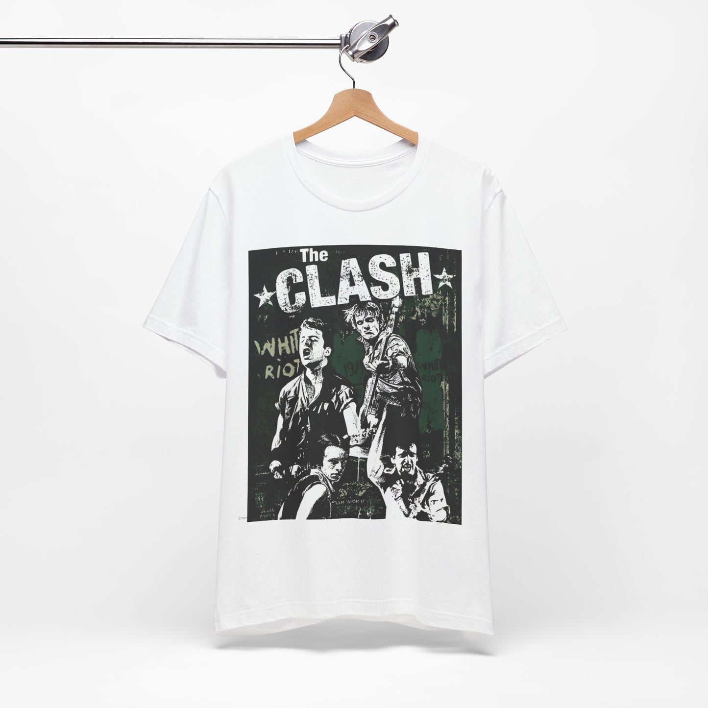 A black graphic t-shirt featuring a graphic related to The Clash's 'White Riot' song.