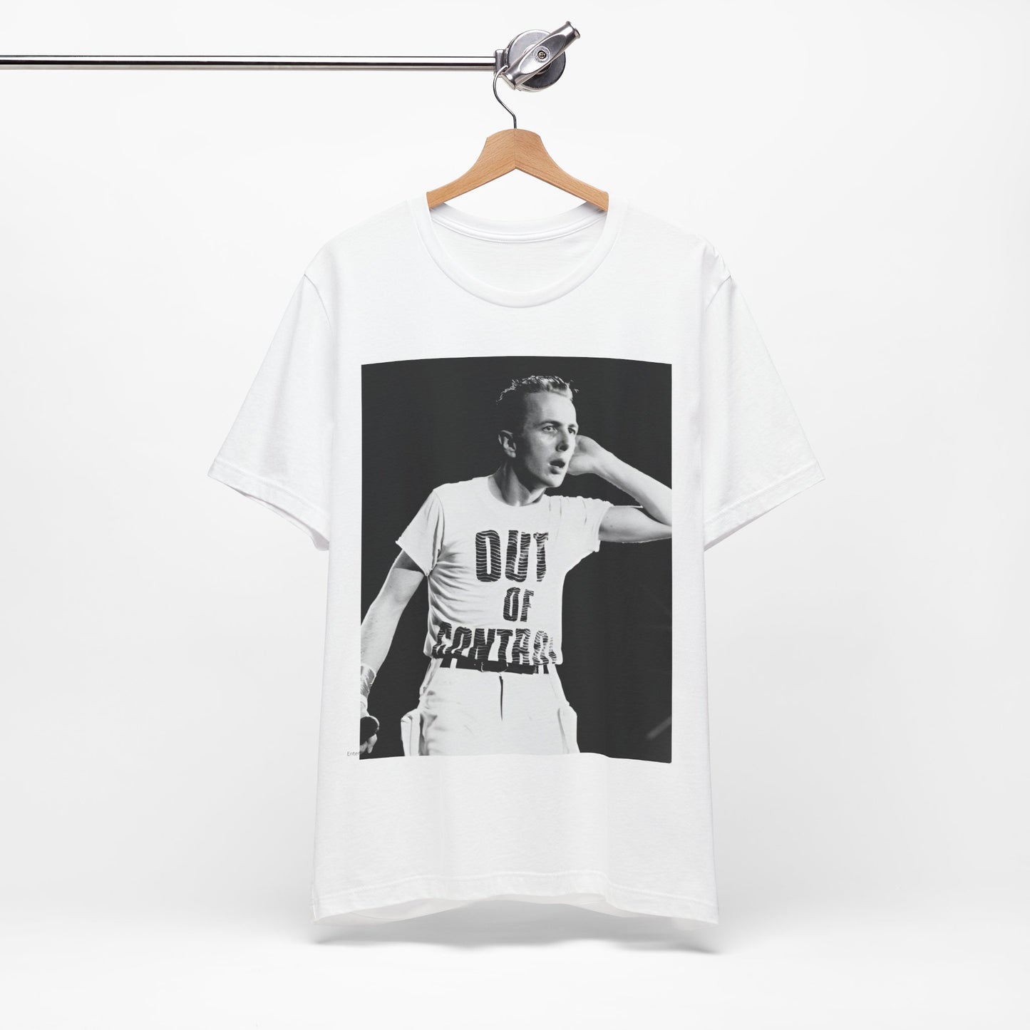 A black graphic t-shirt featuring a black and white graphic or photo portrait of Joe Strummer from The Clash.