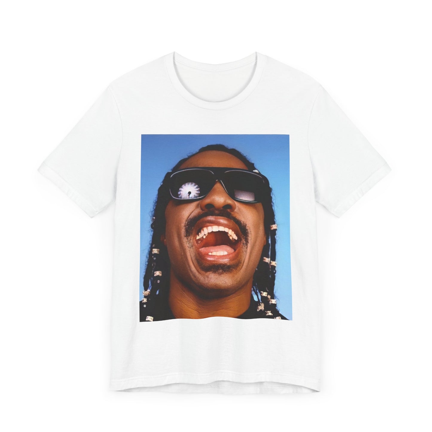 A black graphic t-shirt featuring a bold soul superstar graphic of Stevie Wonder.