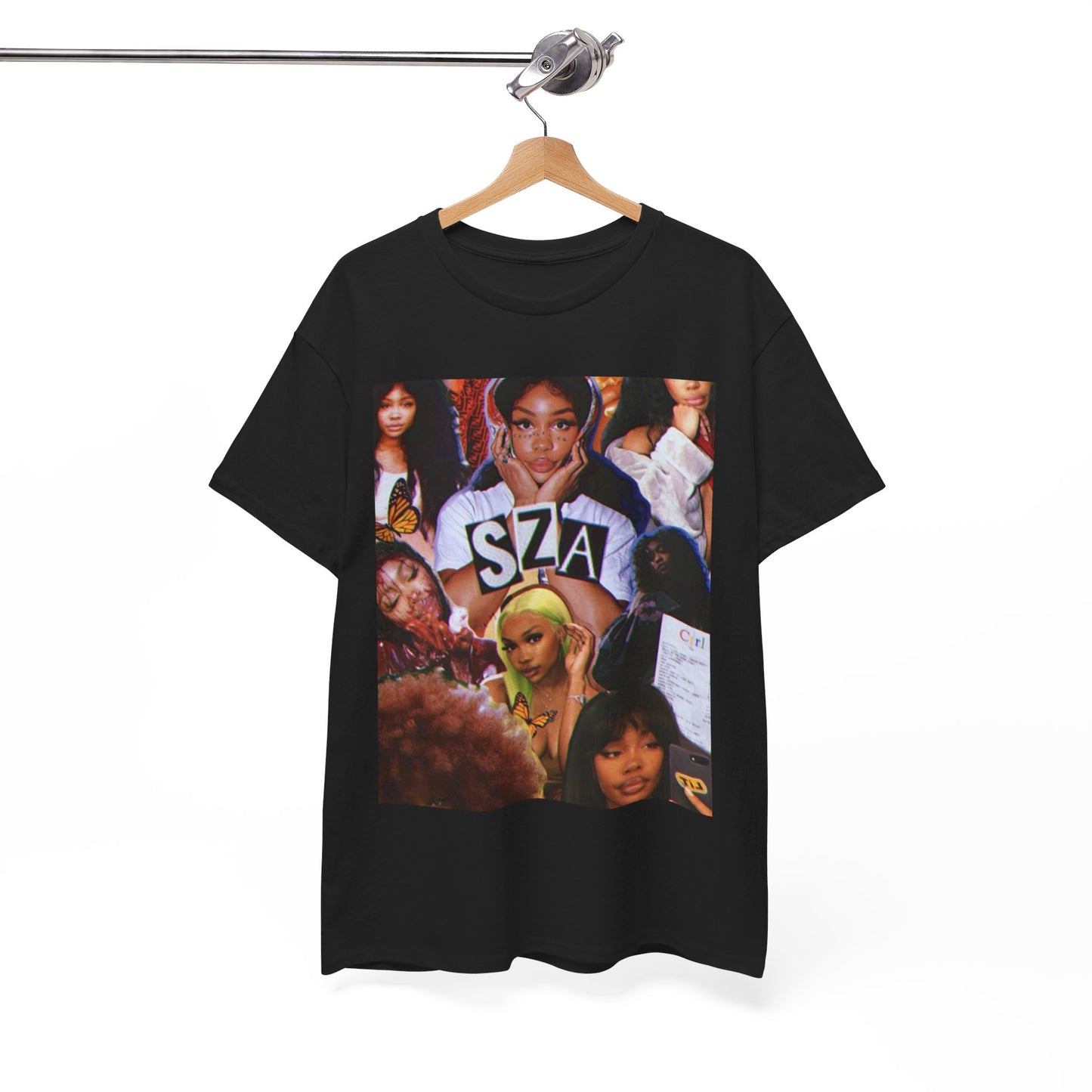 A black graphic t-shirt featuring a bootleg graphic of SZA.