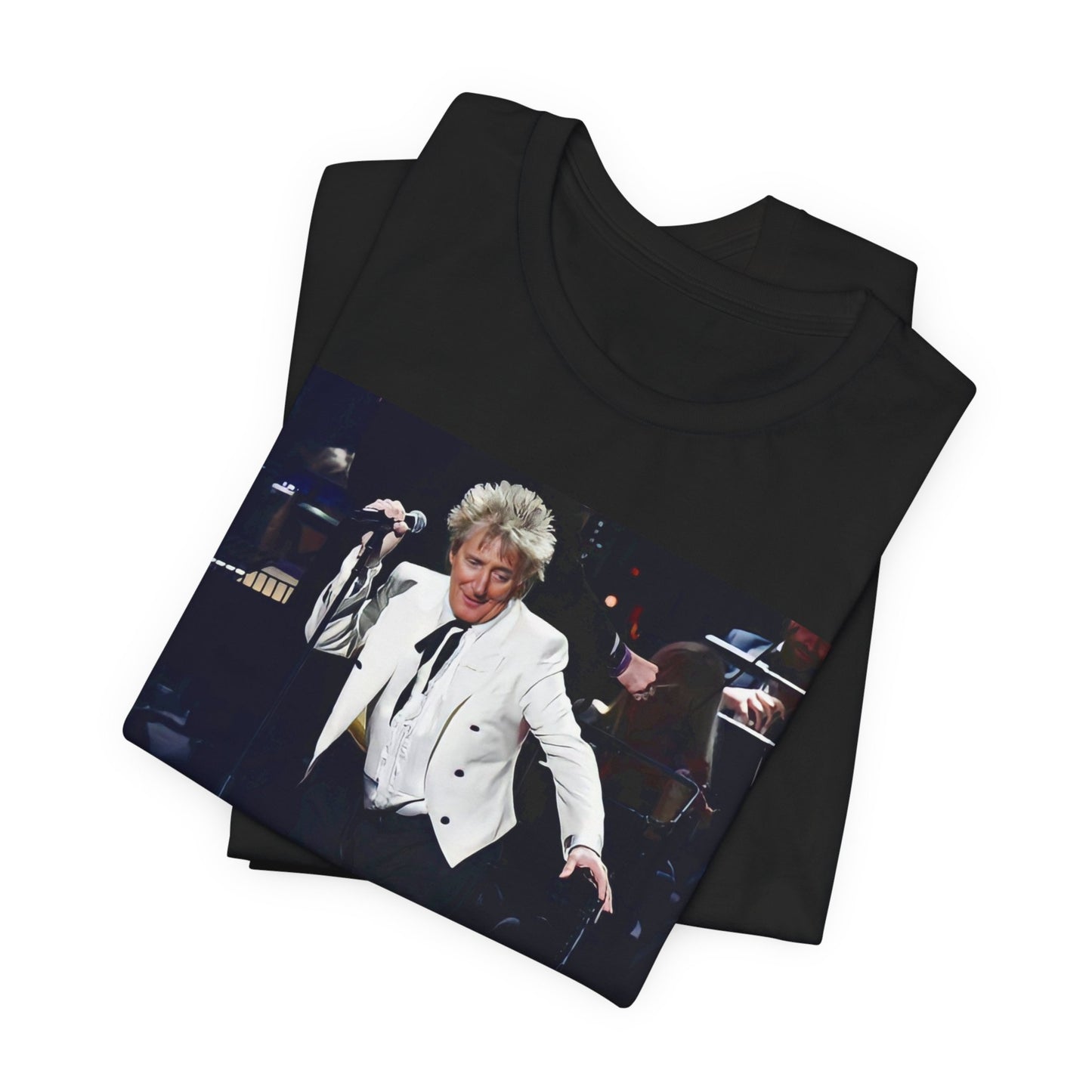 A black graphic t-shirt featuring a graphic or photo of Rod Stewart performing live in a 2005 concert.