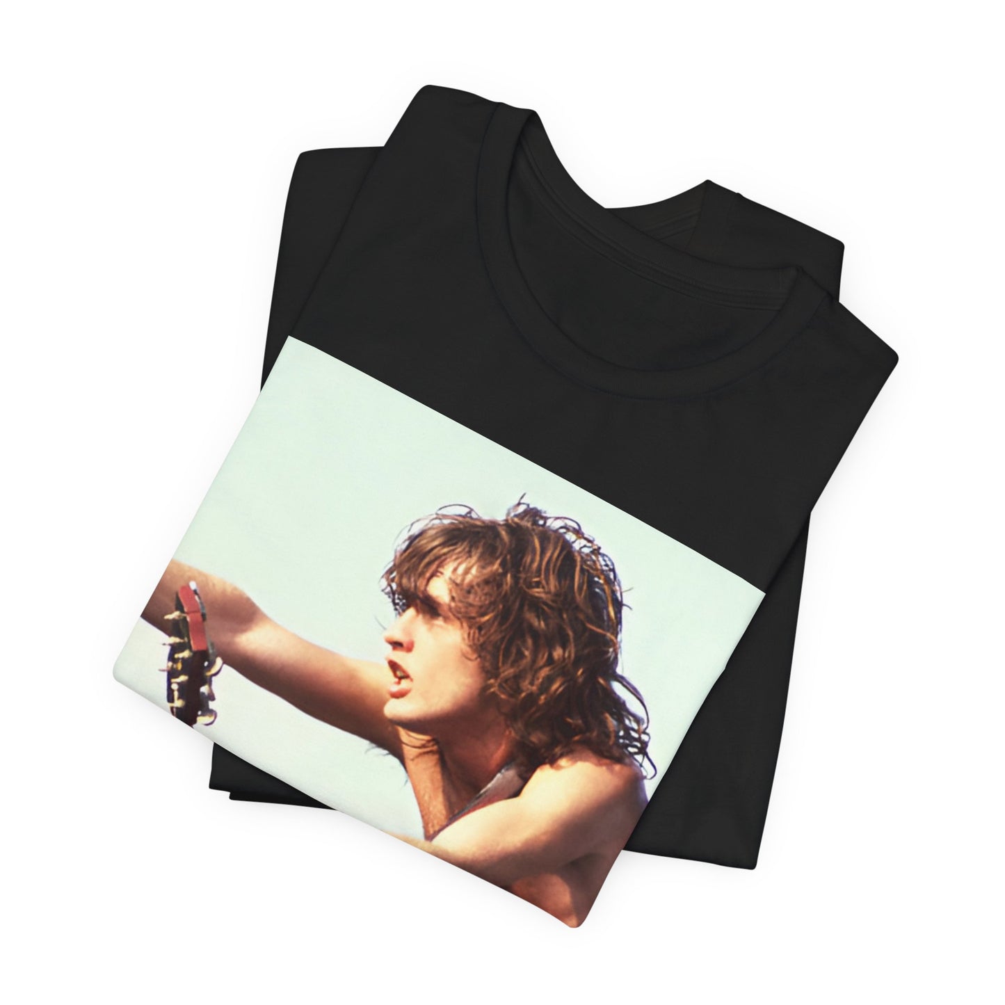 A black graphic t-shirt featuring the classic AC/DC lightning bolt logo prominently displayed, symbolizing the band's origins.
