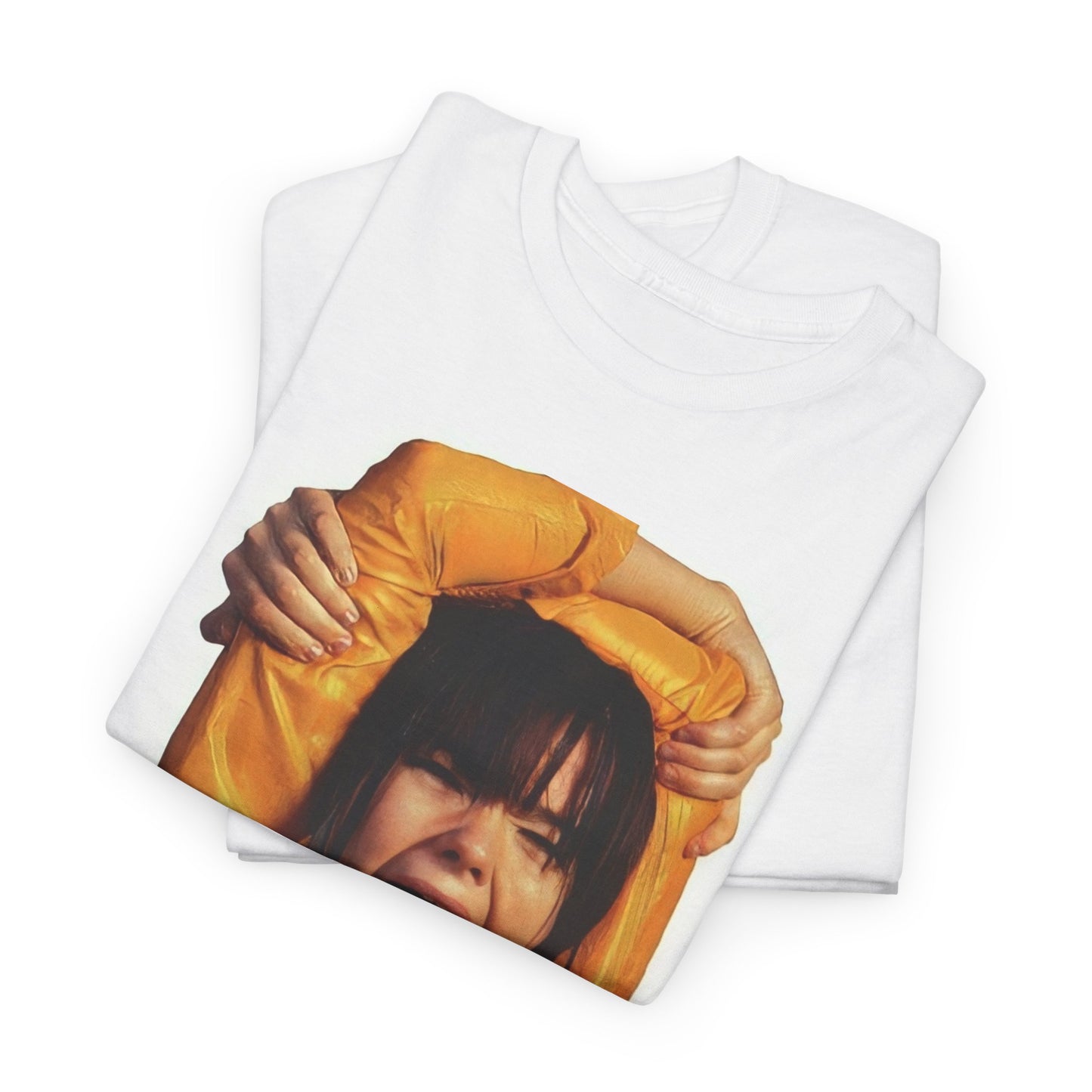 A black graphic t-shirt featuring a photo of Bjork with her tongue playfully sticking out.