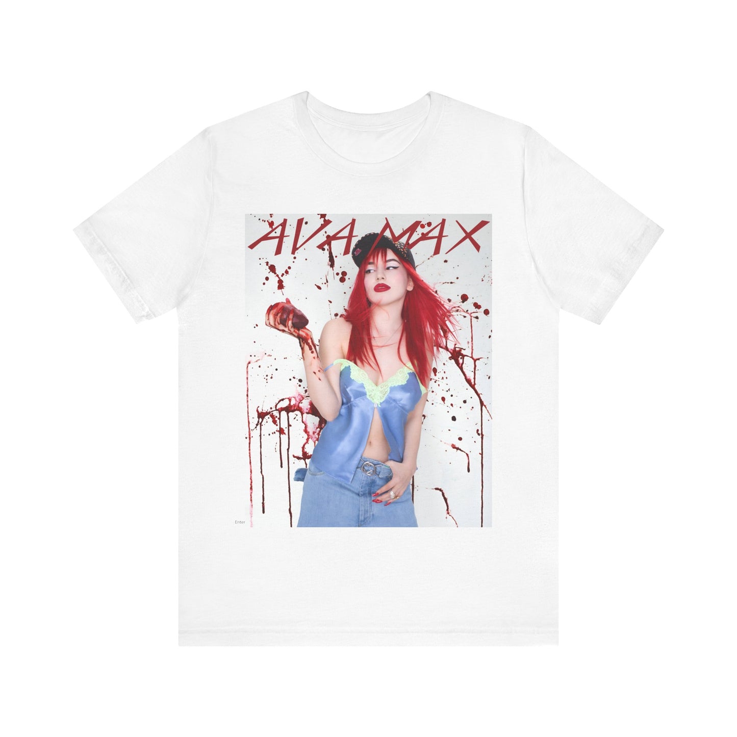 A black graphic t-shirt featuring a bold and vibrant pop art style graphic of Ava Max.