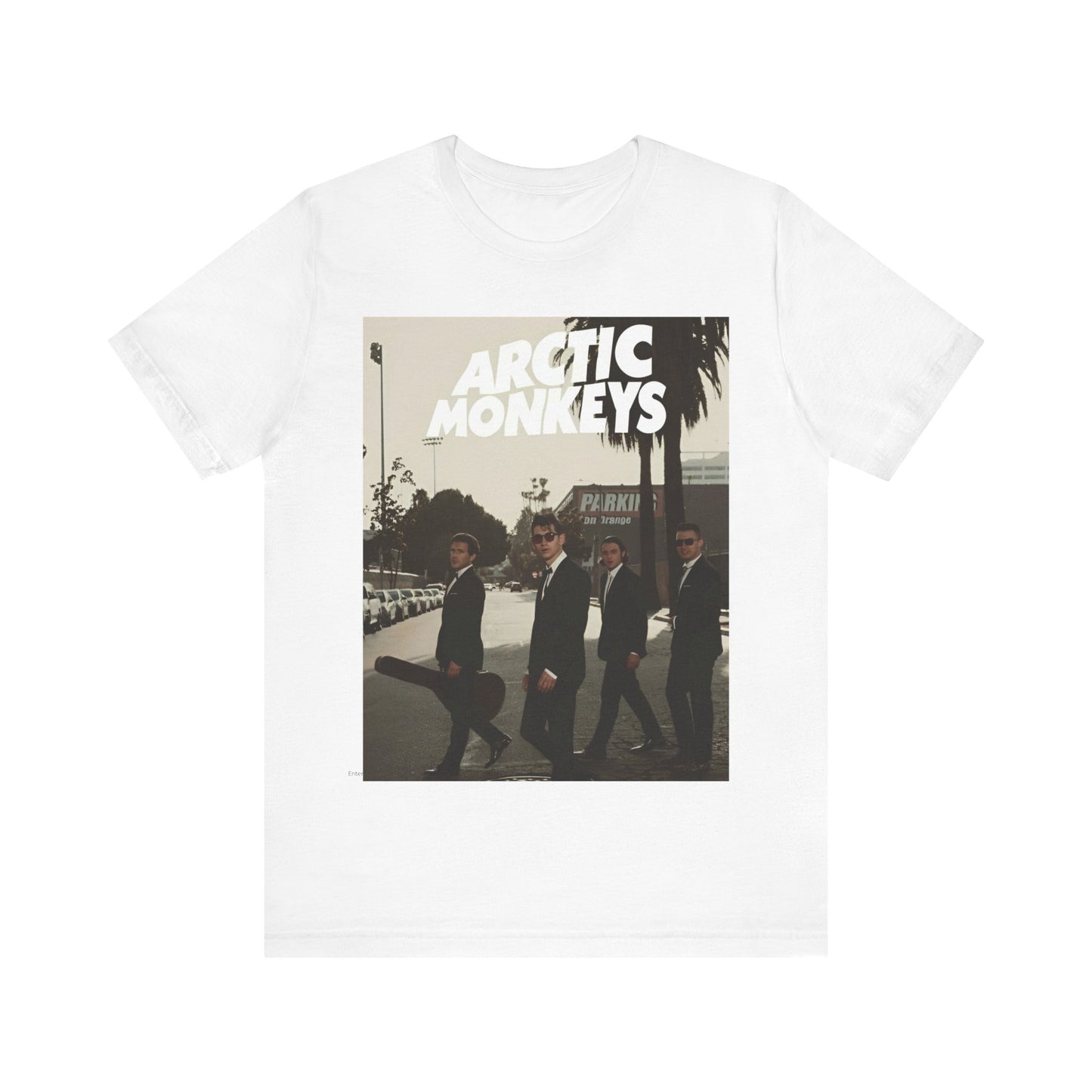 A black graphic t-shirt featuring Arctic Monkeys in a pose or setting similar to the iconic 'Abbey Road' album cover.