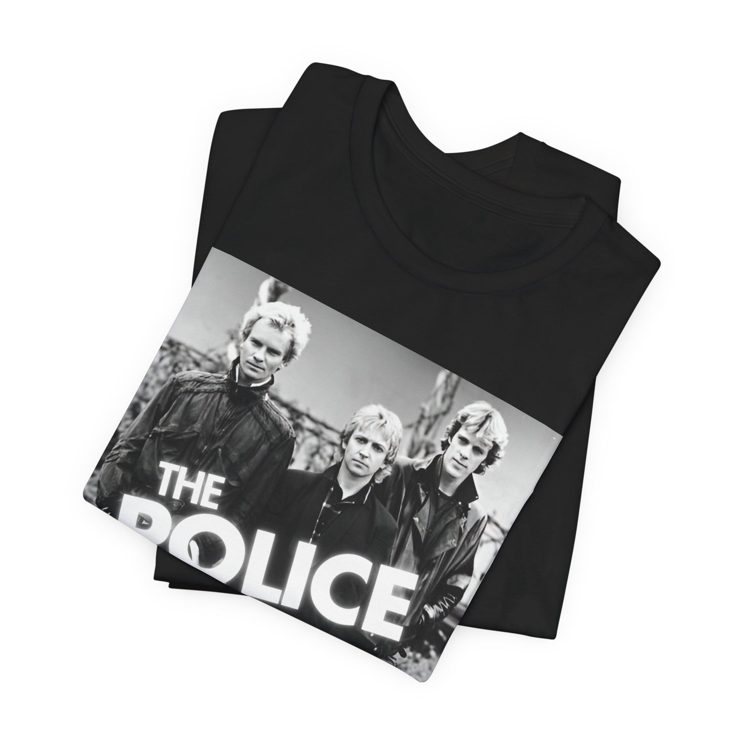 A black graphic t-shirt featuring an 80s pop rock aesthetic black and white graphic of The Police.