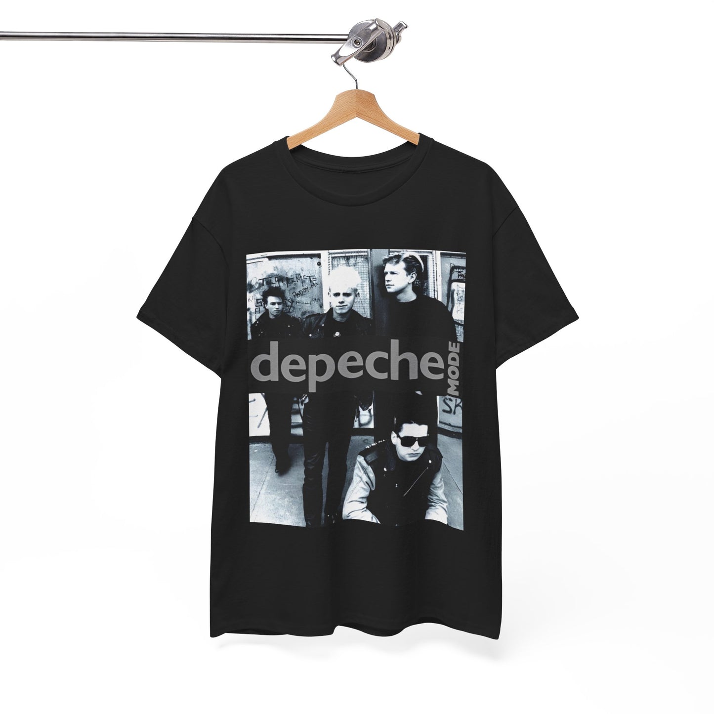 A black graphic t-shirt featuring a black and white photo portrait of the band Depeche Mode.