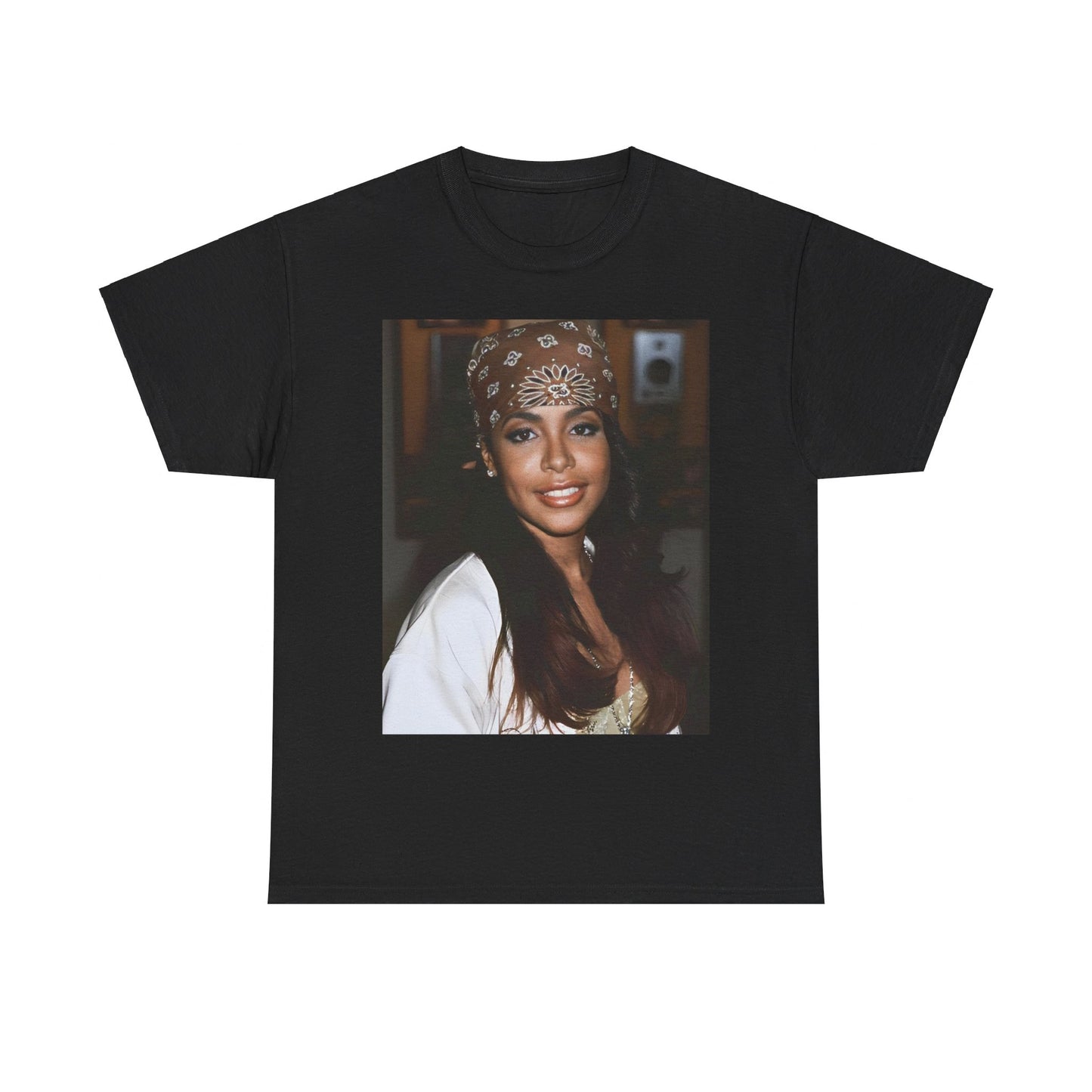 A black graphic t-shirt featuring a graphic of Aaliyah as the queen of modern R&B.