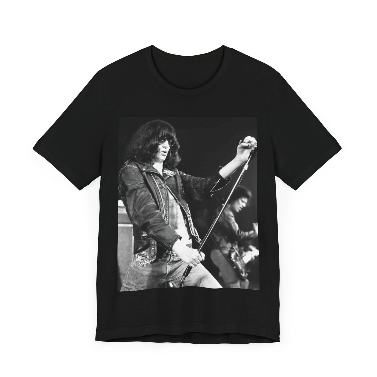 A black graphic t-shirt featuring a graphic of Joey Ramone from Ramones as the Godfather of Punk.