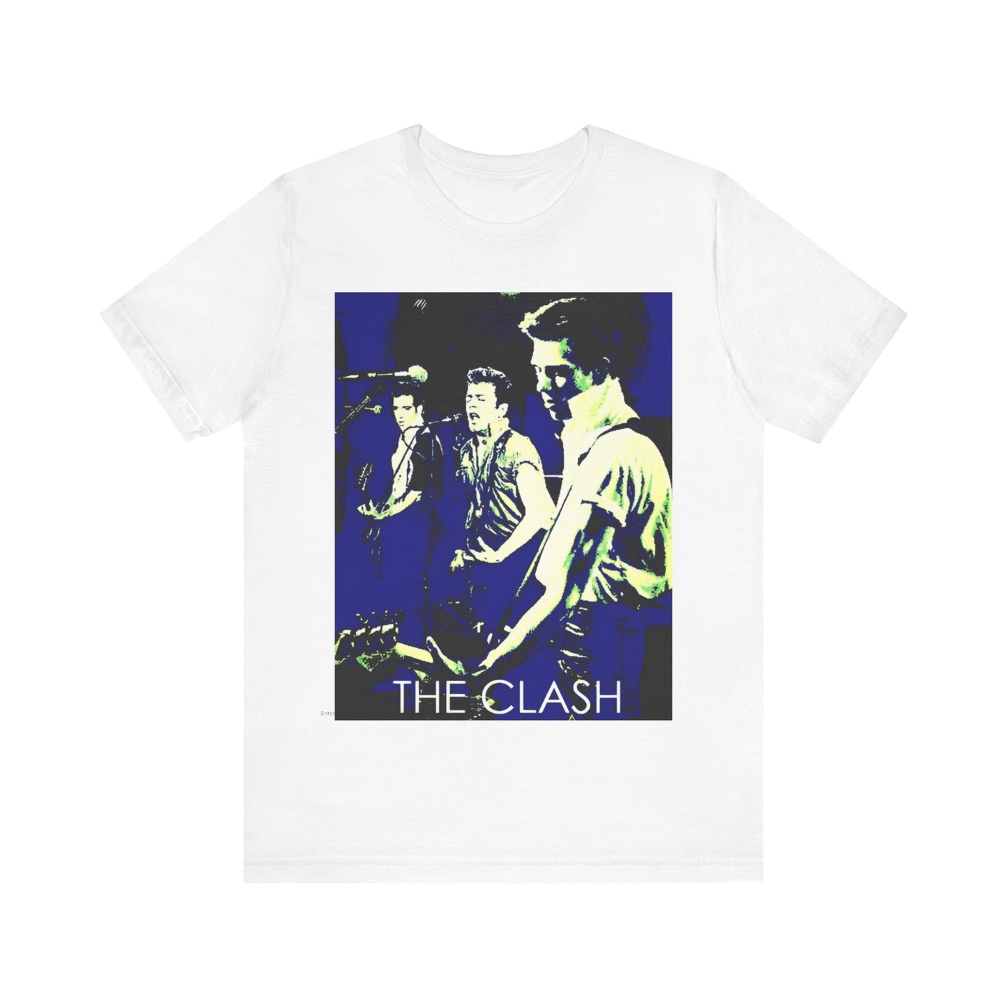 A black graphic t-shirt featuring a 70s aesthetic punk rock graphic of The Clash.
