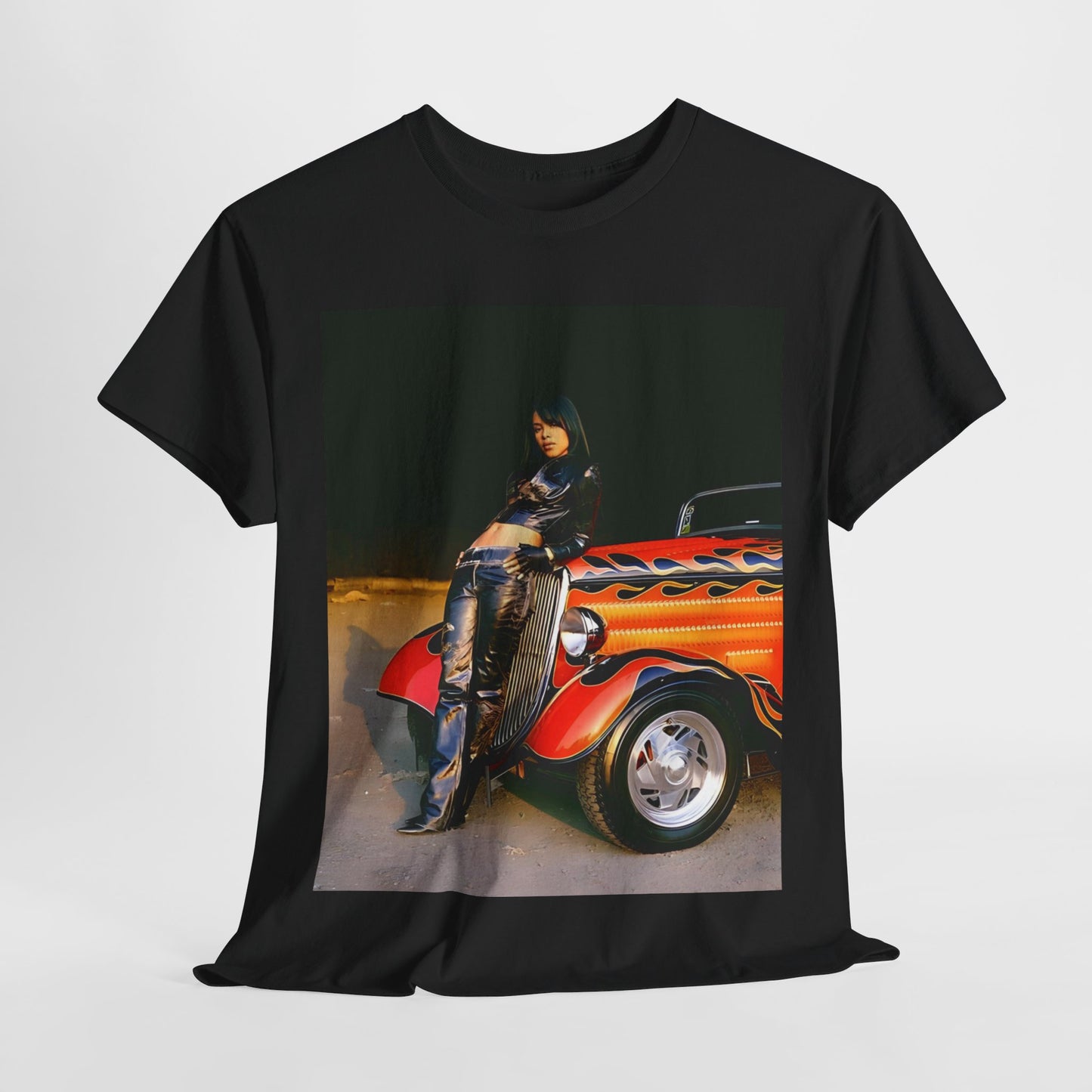 A black graphic t-shirt featuring a graphic of Aaliyah as an unapologetic R&B queen.