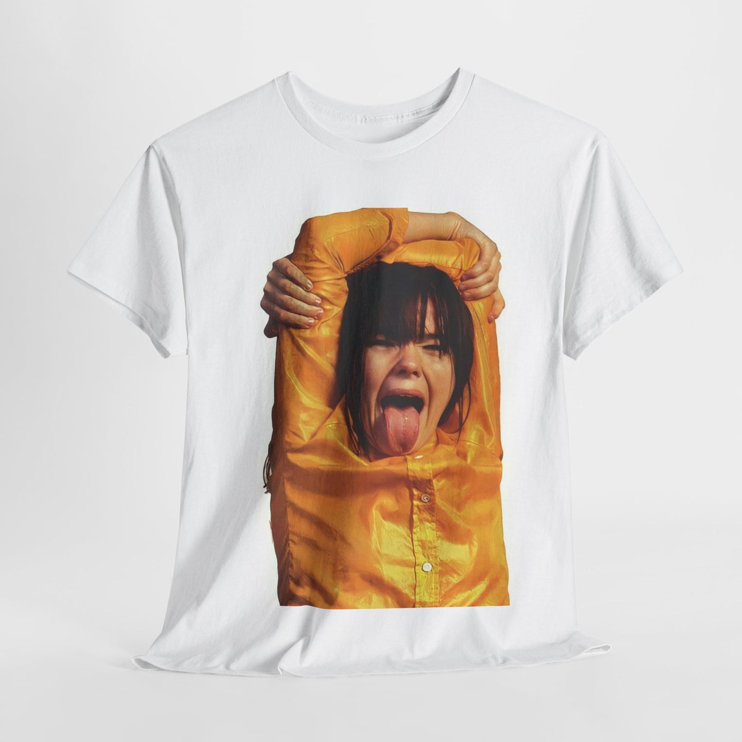 A black graphic t-shirt featuring a photo of Bjork with her tongue playfully sticking out.