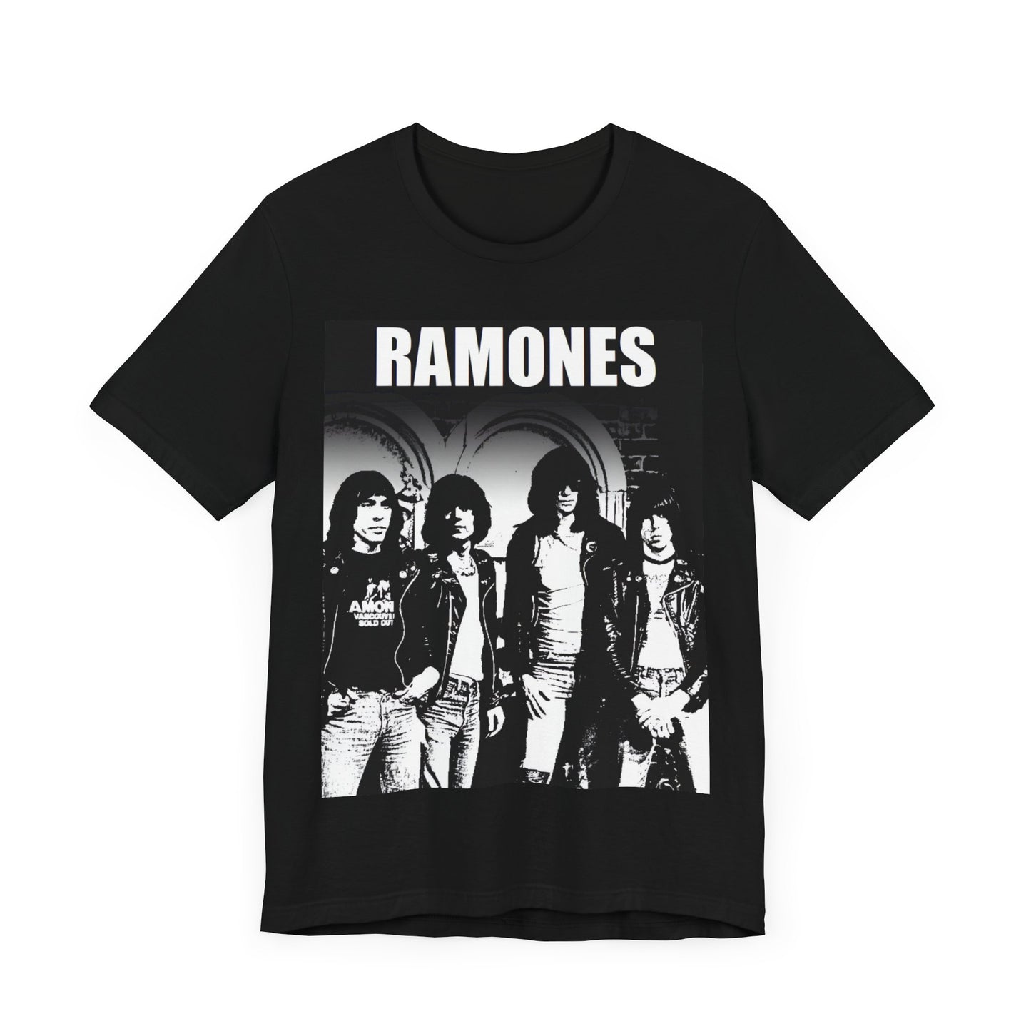 A black graphic t-shirt featuring a graphic of the Ramones as punk rock pioneers.