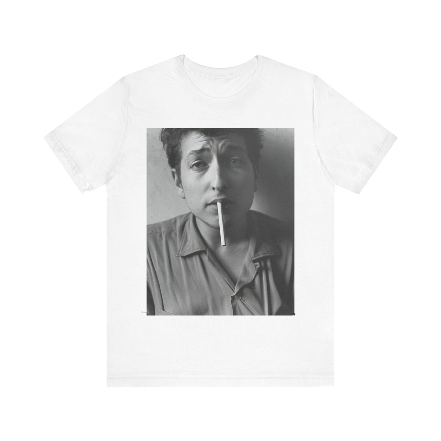 A black graphic t-shirt featuring a graphic of Bob Dylan from the 60s, depicted as a renegade folk icon.