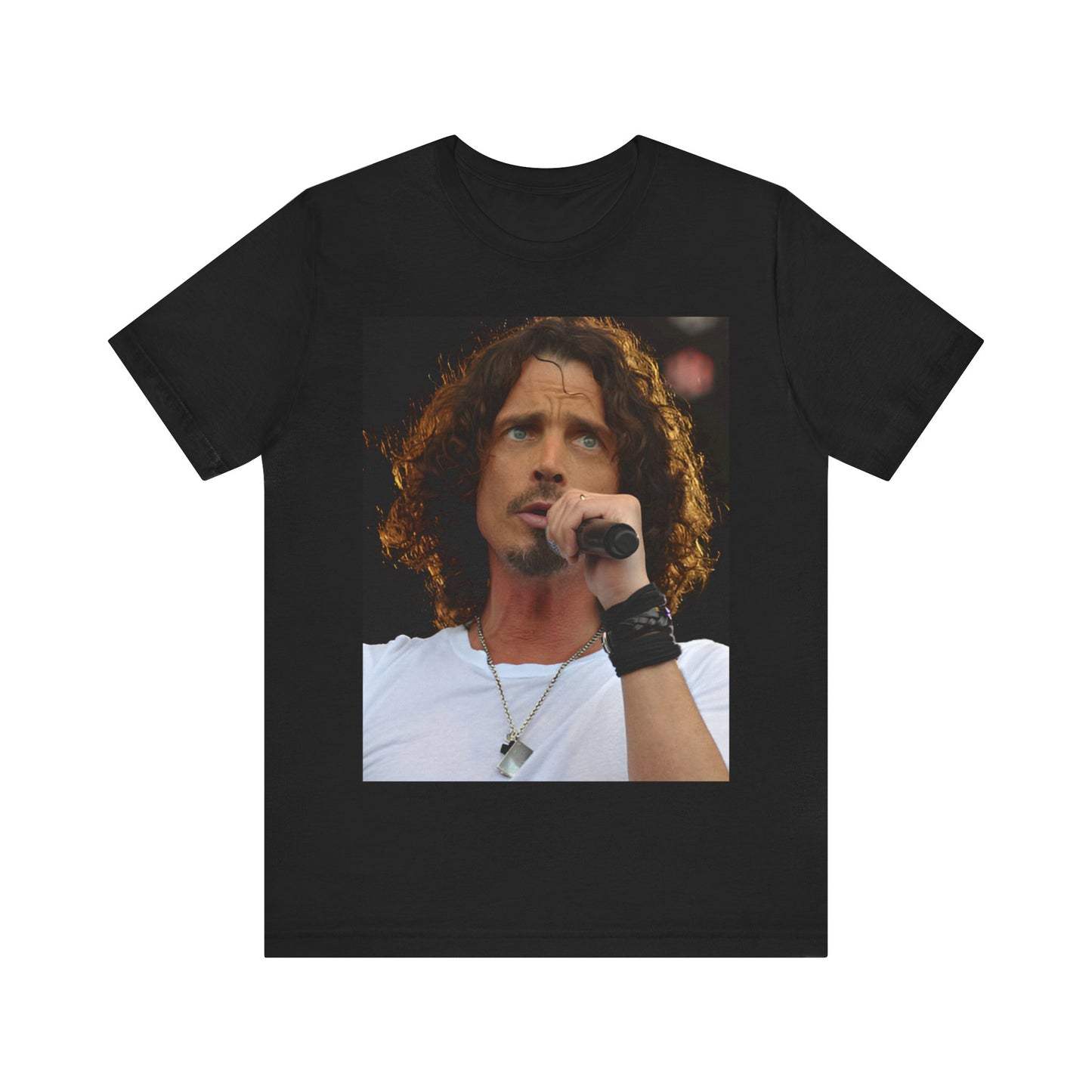 A black graphic t-shirt featuring a graphic related to Chris Cornell's song 'Like a Stone' or Audioslave.
