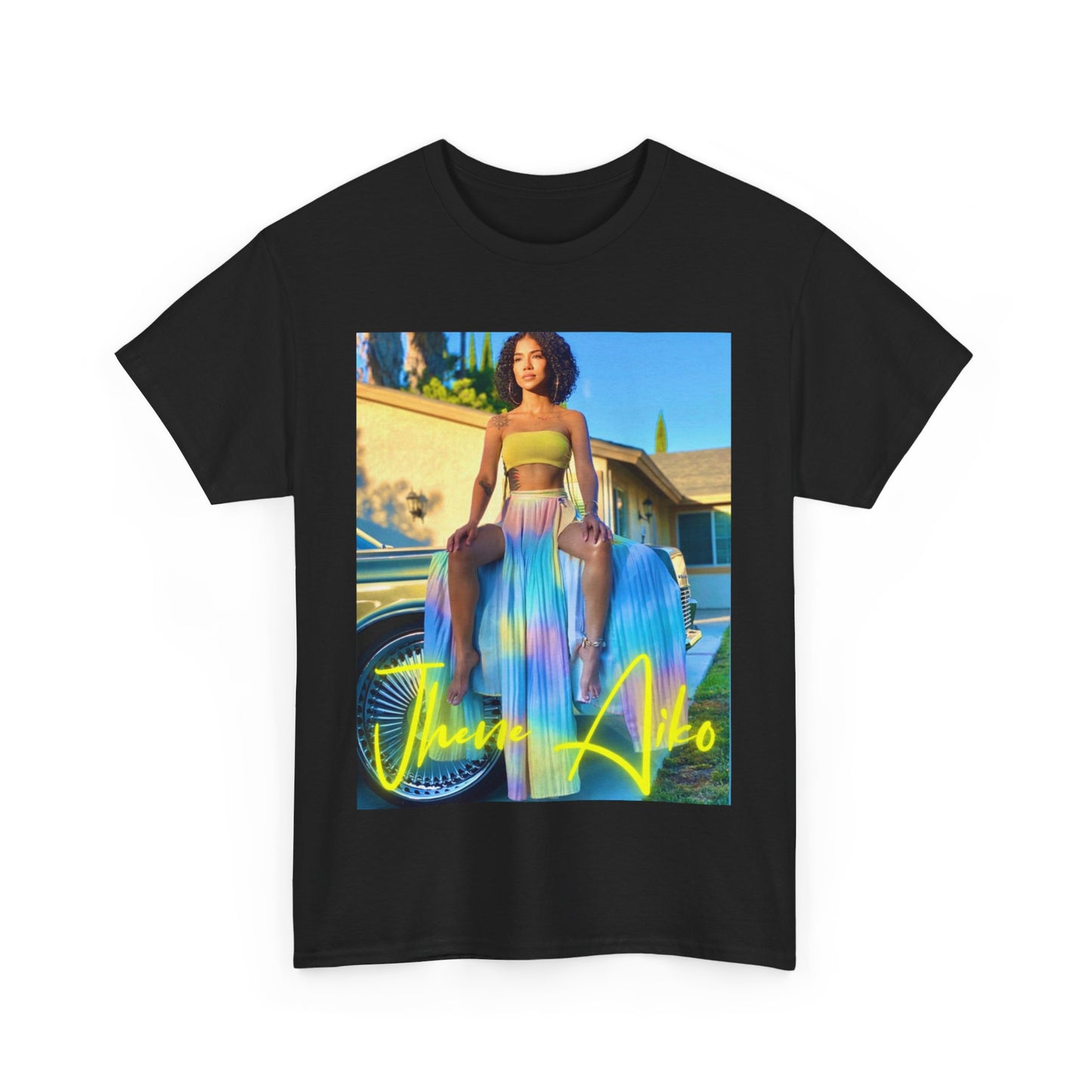 A black graphic t-shirt featuring a retro R&B aesthetic graphic of Jhene Aiko.