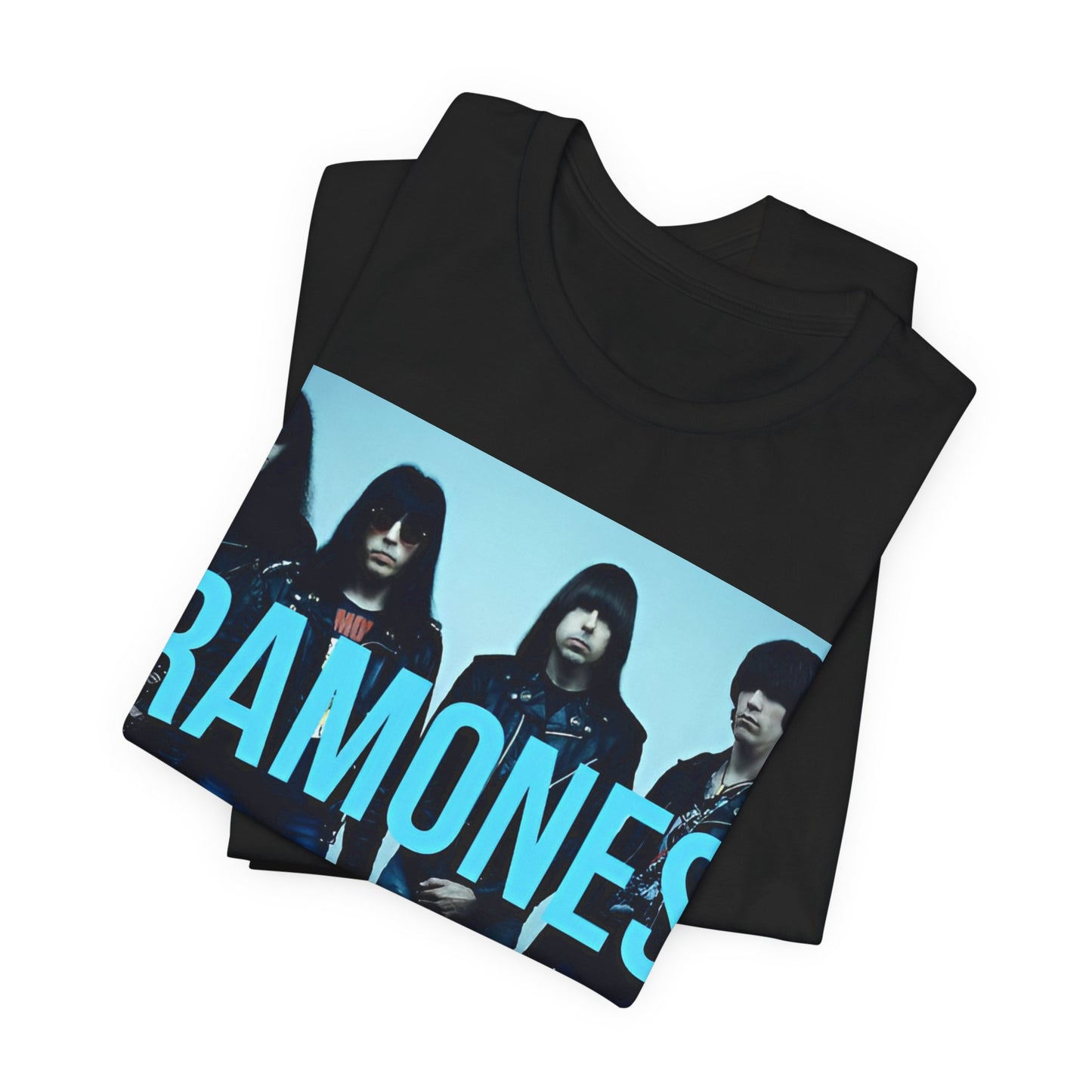 A black graphic t-shirt featuring the album cover art for Ramones' self-titled debut album.