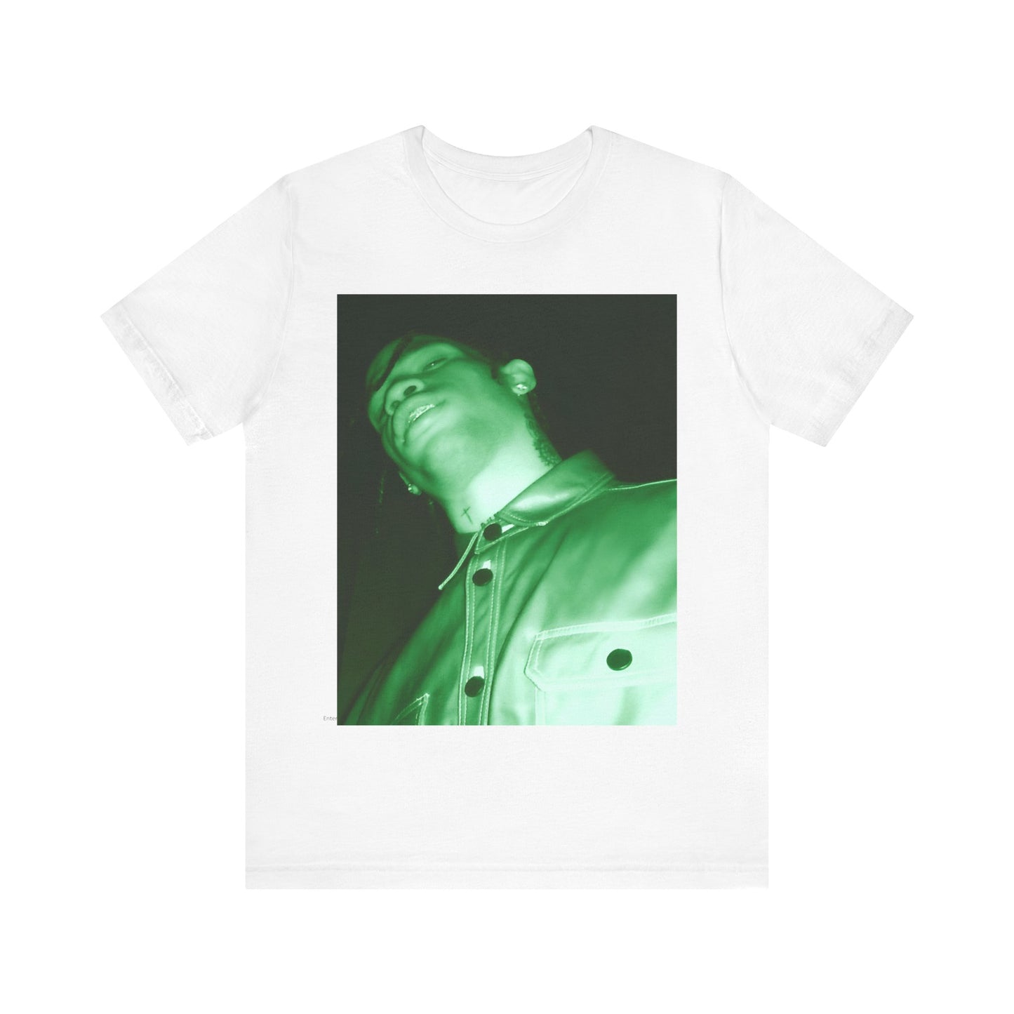 A black graphic t-shirt featuring a graphic of Travis Scott with psychedelic trap vibes.