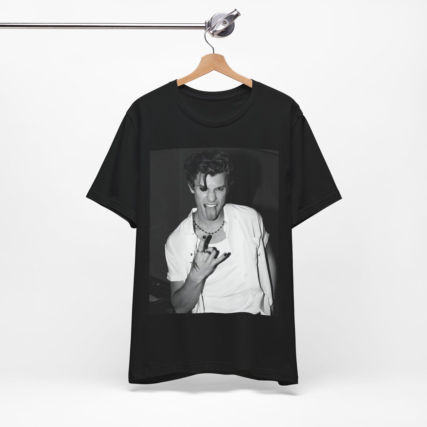 A black graphic t-shirt featuring a casual black and white fan graphic of Shawn Mendes.