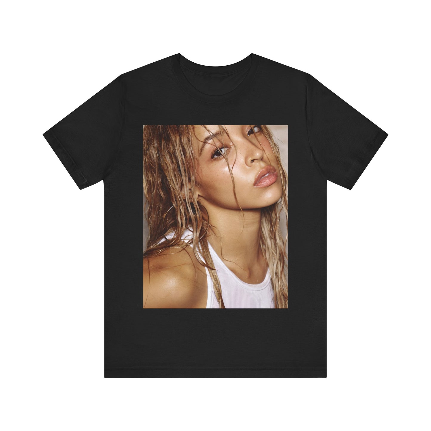 A black graphic t-shirt featuring a nostalgic indie R&B vibes graphic of Tinashe.