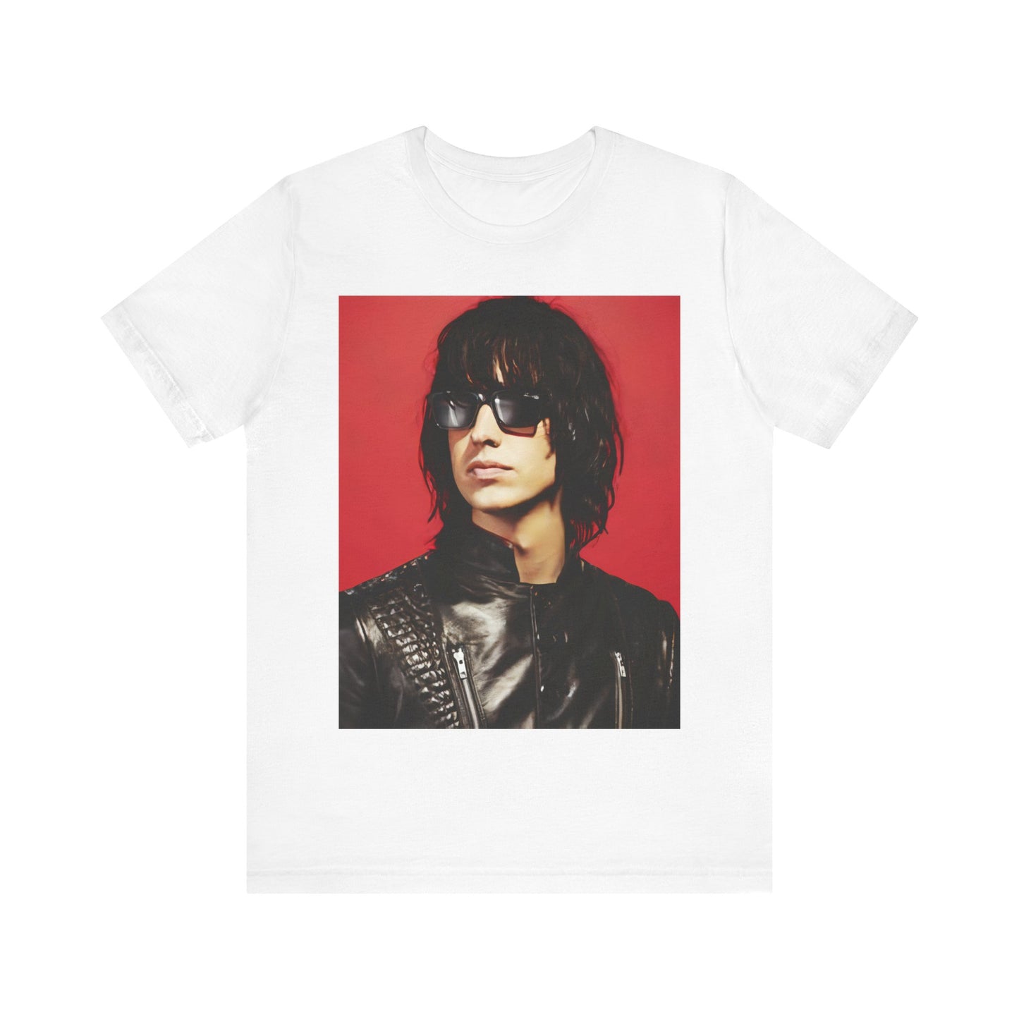 A black graphic t-shirt featuring a 2000s indie aesthetic graphic of Julian Casablancas from The Strokes.