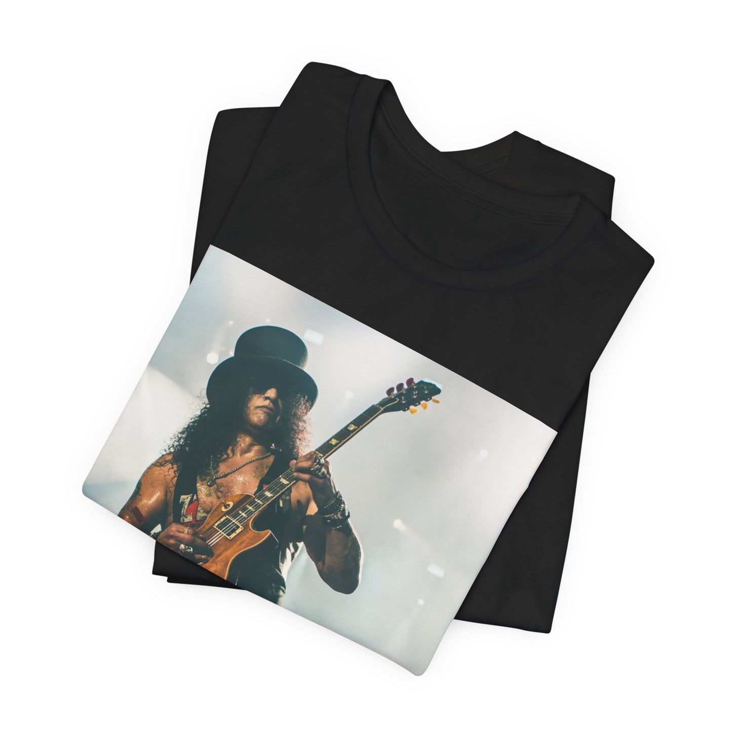 A black graphic t-shirt featuring a graphic of Slash from Guns N' Roses with his iconic top hat and guitar.