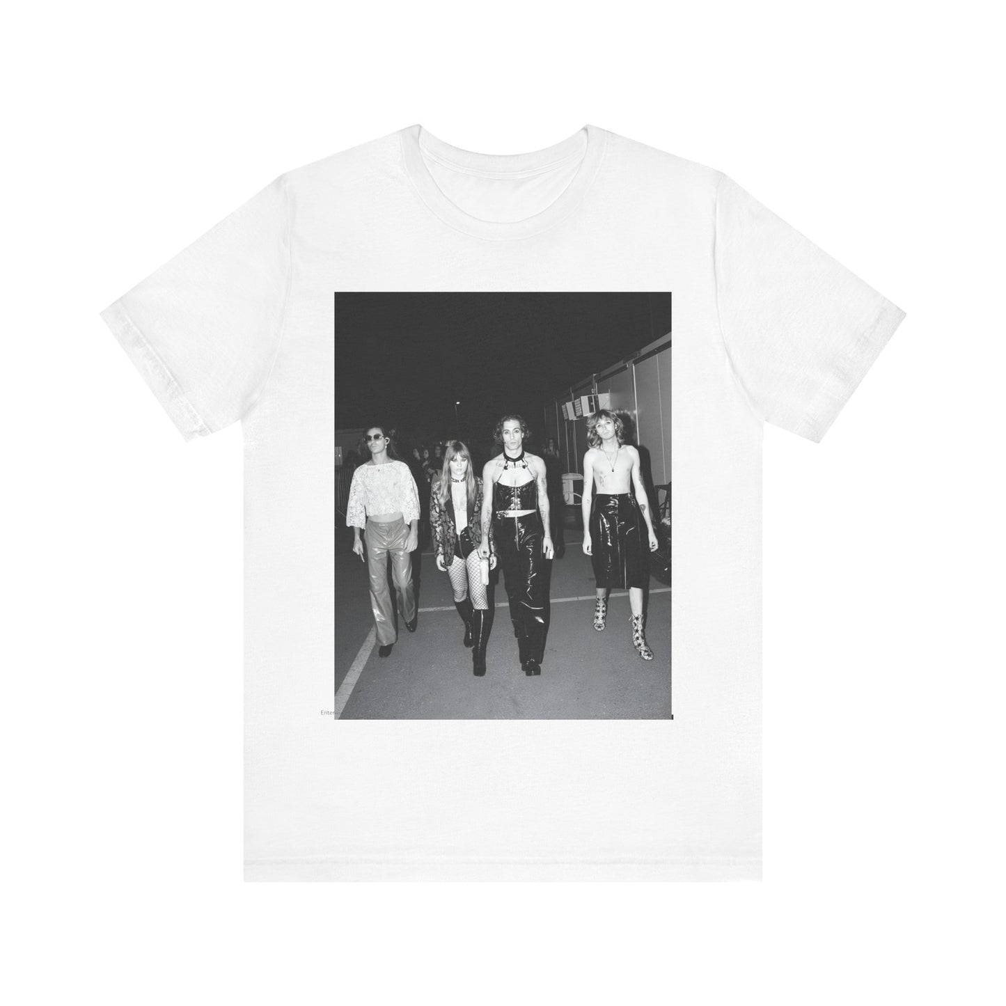 A black graphic t-shirt featuring a black and white, monochrome graphic or photo of Maneskin.