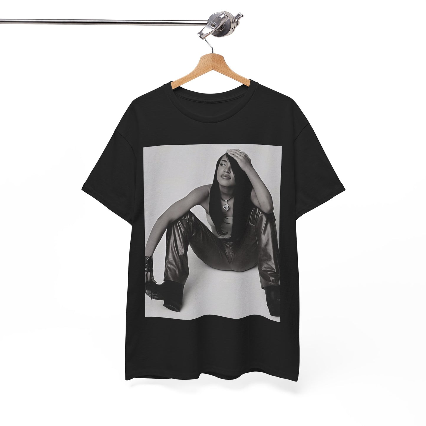 A black graphic t-shirt featuring a graphic of Aaliyah with a feel-good R&B vibe.