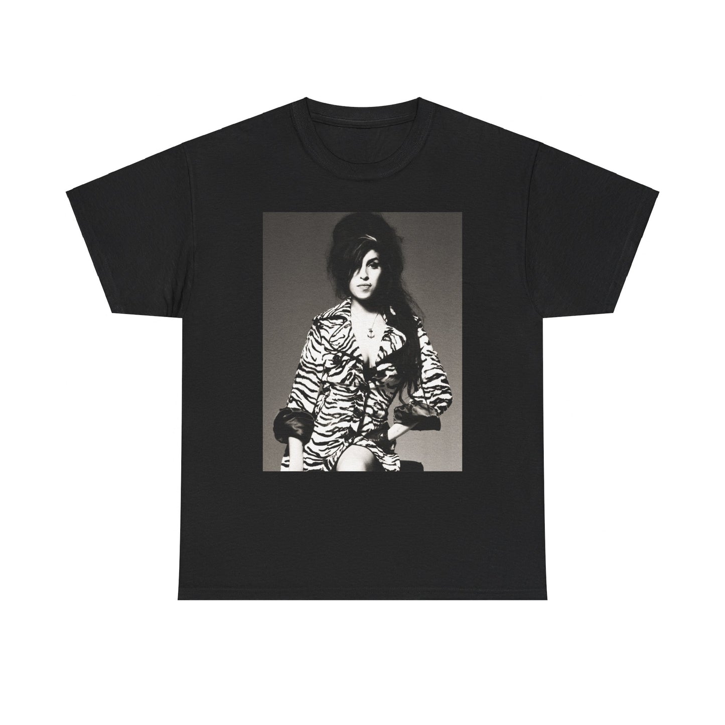 A black graphic t-shirt featuring a vintage black and white portrait of Amy Winehouse, showing her with her signature beehive and soulful expression.