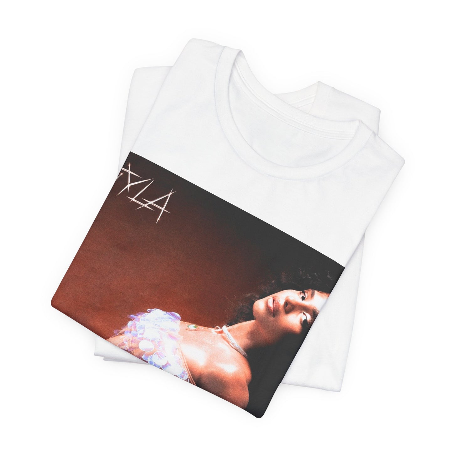 A black graphic t-shirt featuring a cultural fusion vibes graphic of Tyla.